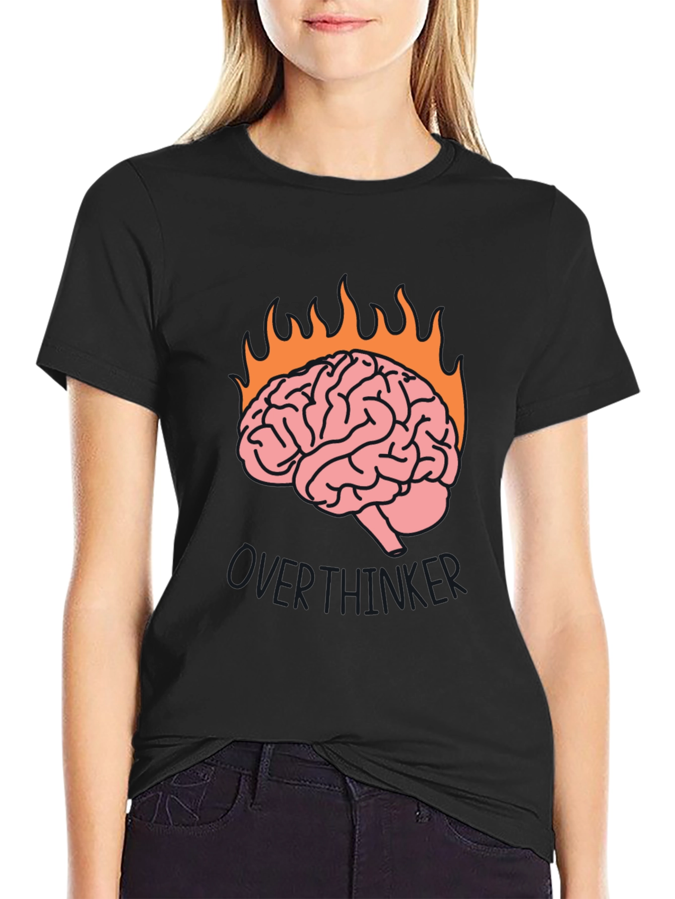 Overthinker Brain Flames Graphic Tee - Black Cotton T-Shirt