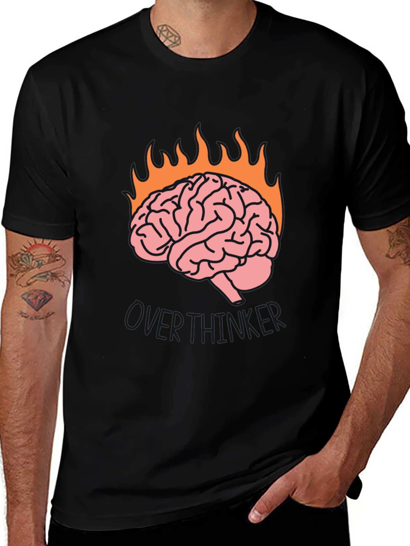 Overthinker Brain Flames Graphic Tee - Black Cotton T-Shirt