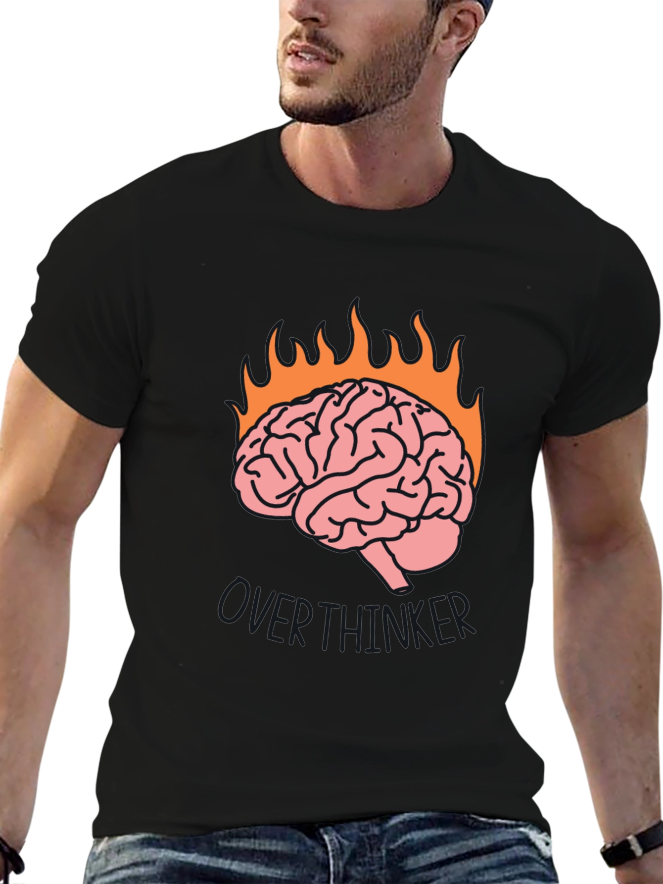 Overthinker Brain Flames Graphic Tee - Black Cotton T-Shirt