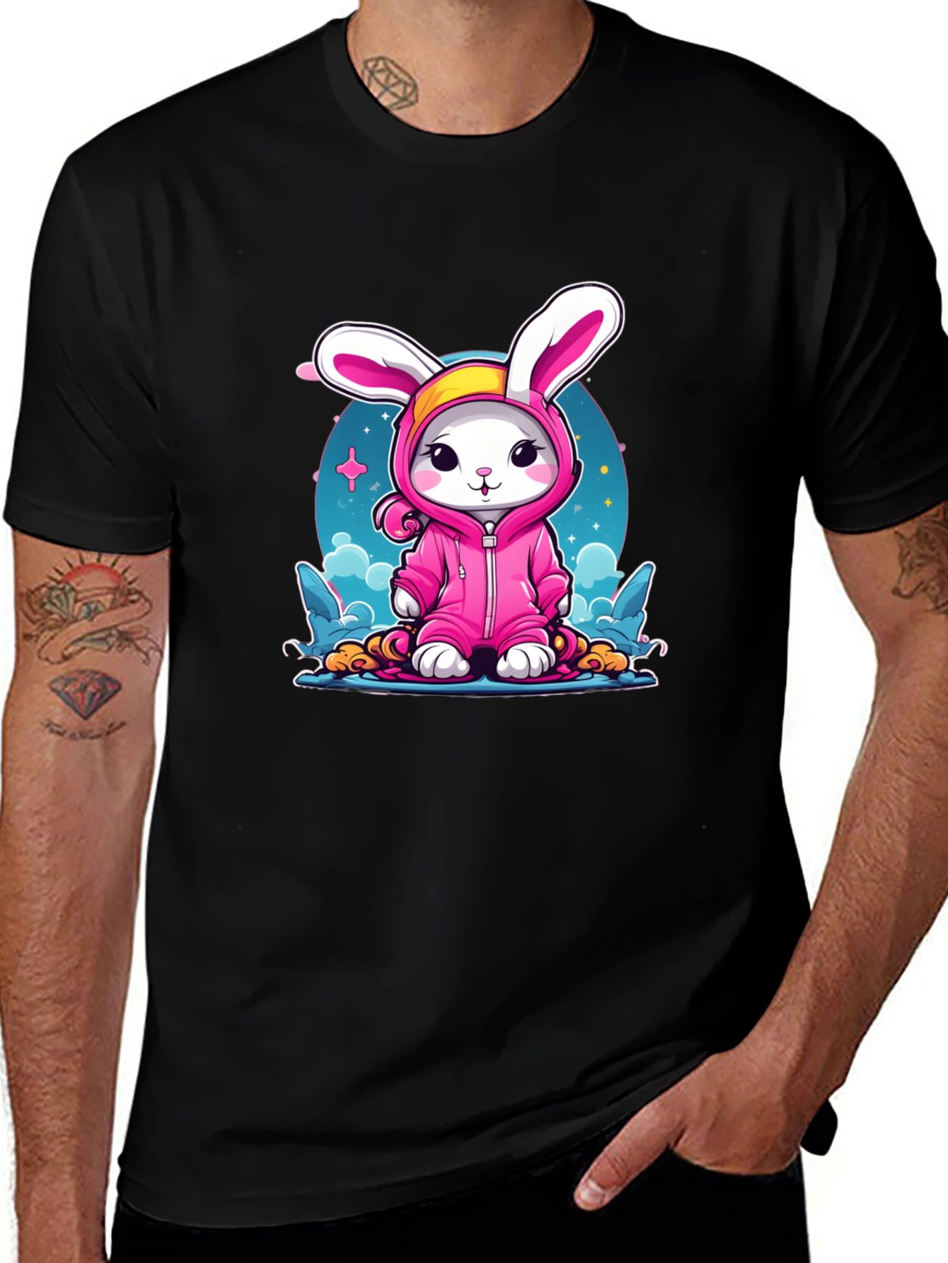 Cute Bunny Pink Suit Black T-Shirt