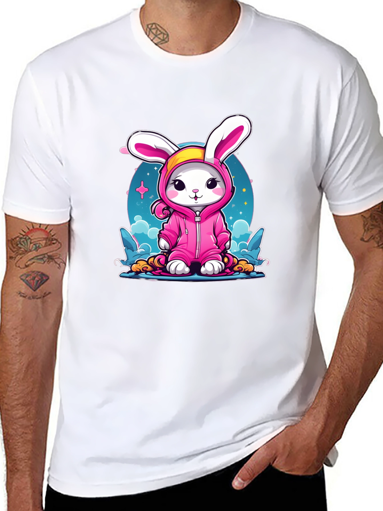 Cute Bunny Pink Suit Black T-Shirt