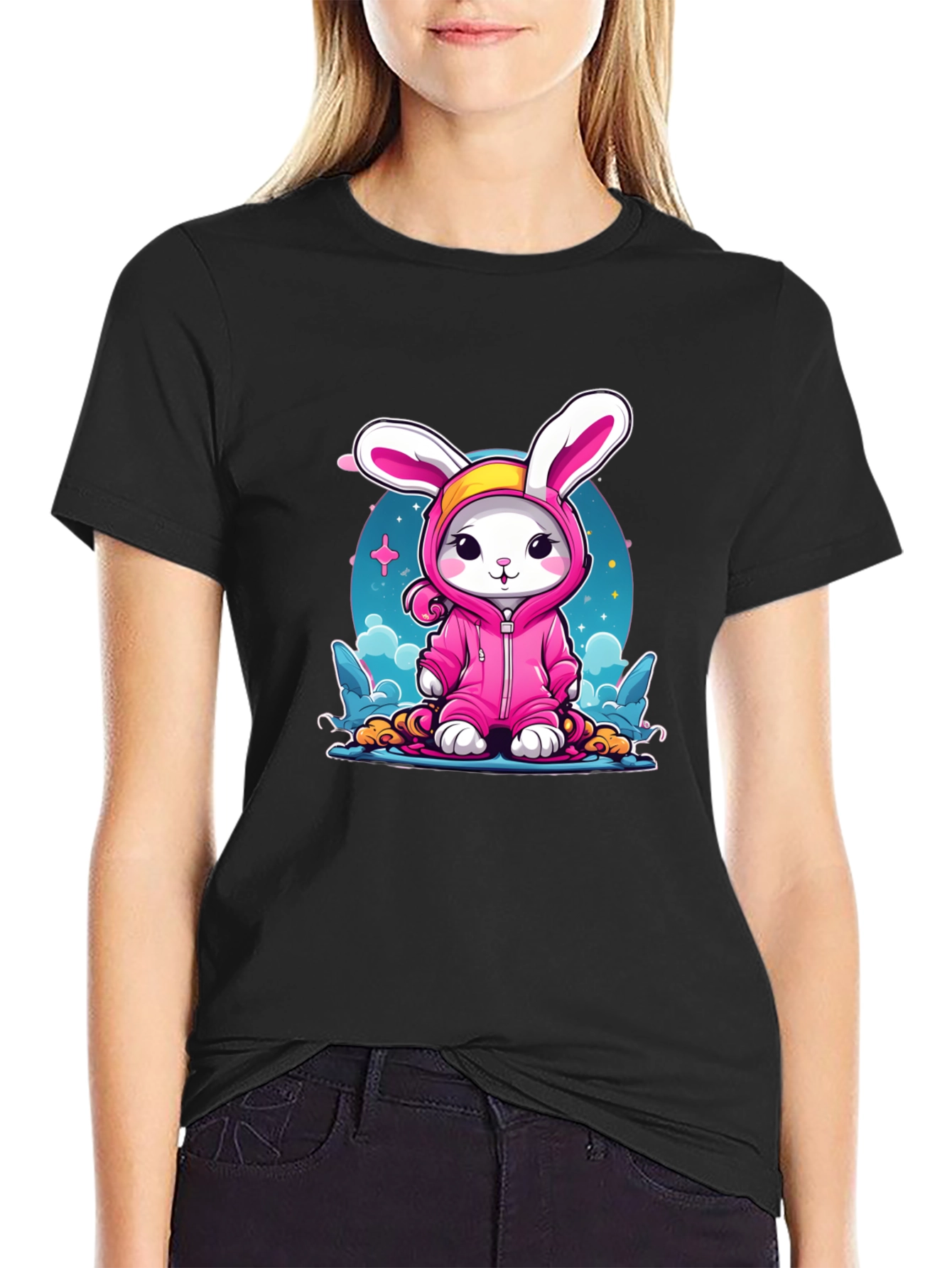 Cute Bunny Pink Suit Black T-Shirt