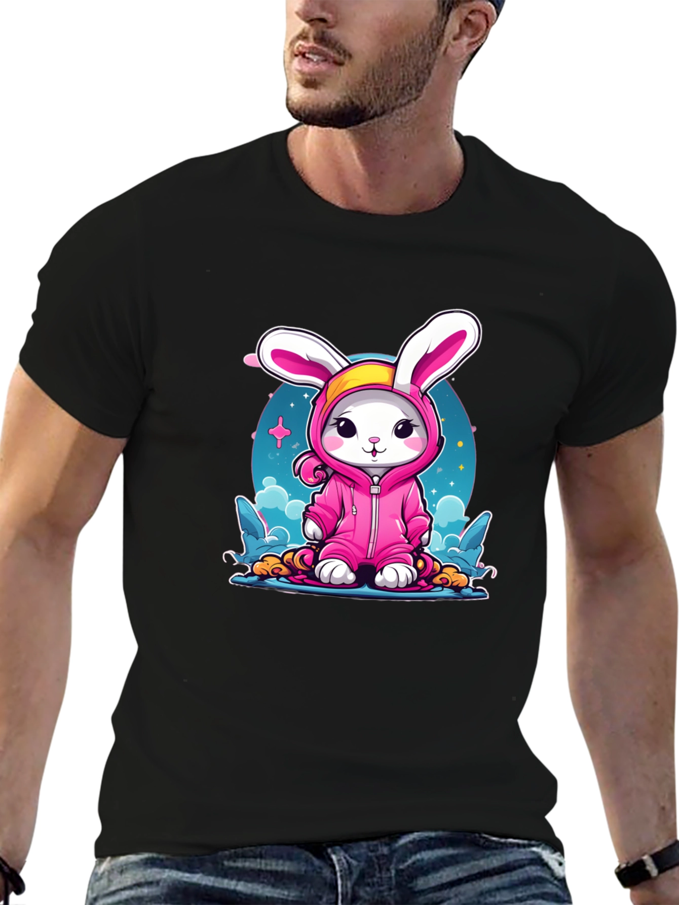 Cute Bunny Pink Suit Black T-Shirt