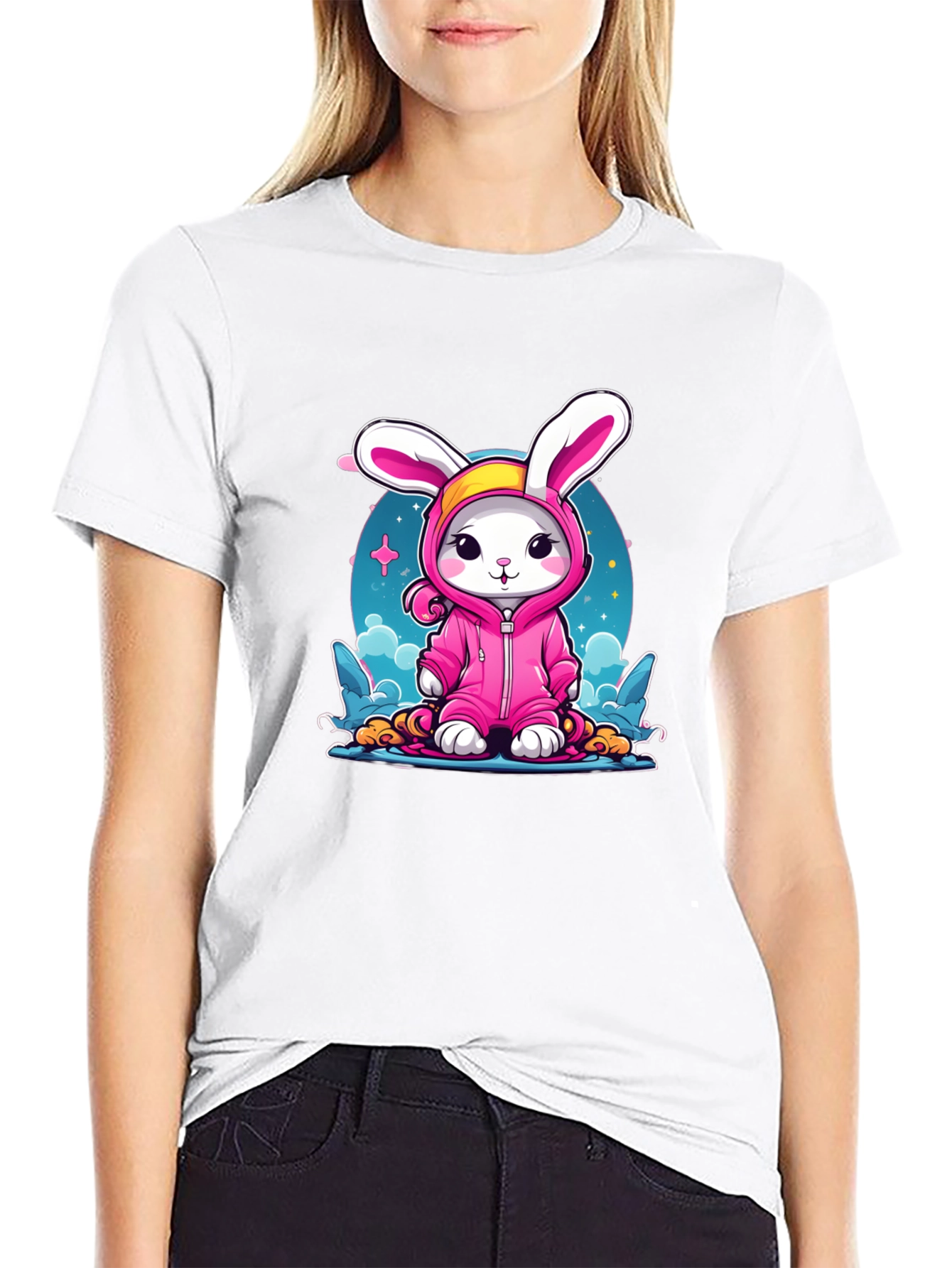 Cute Bunny Pink Suit Black T-Shirt