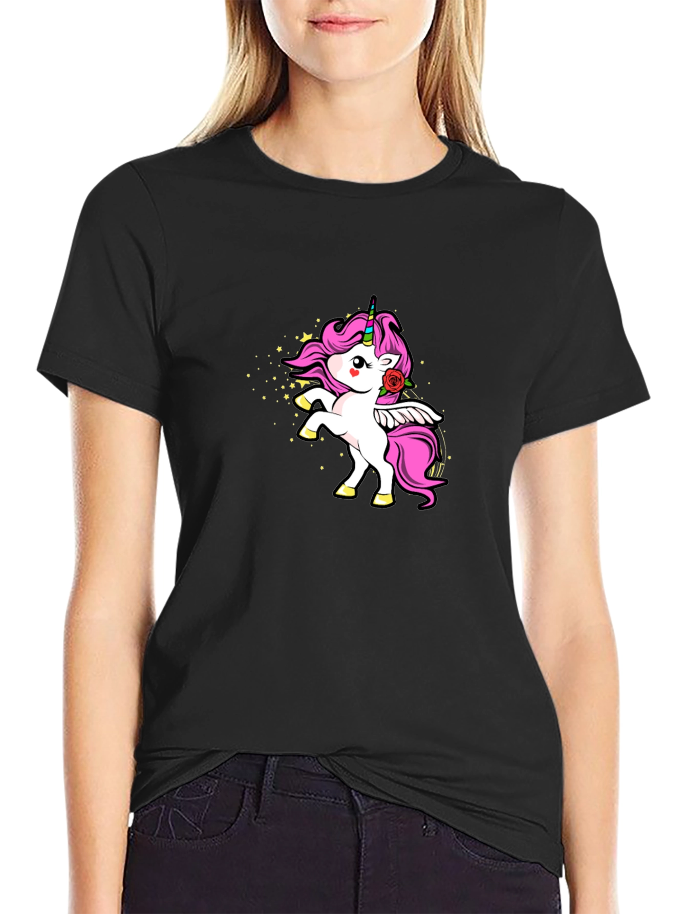Unicorn Rose Graphic Black T-Shirt