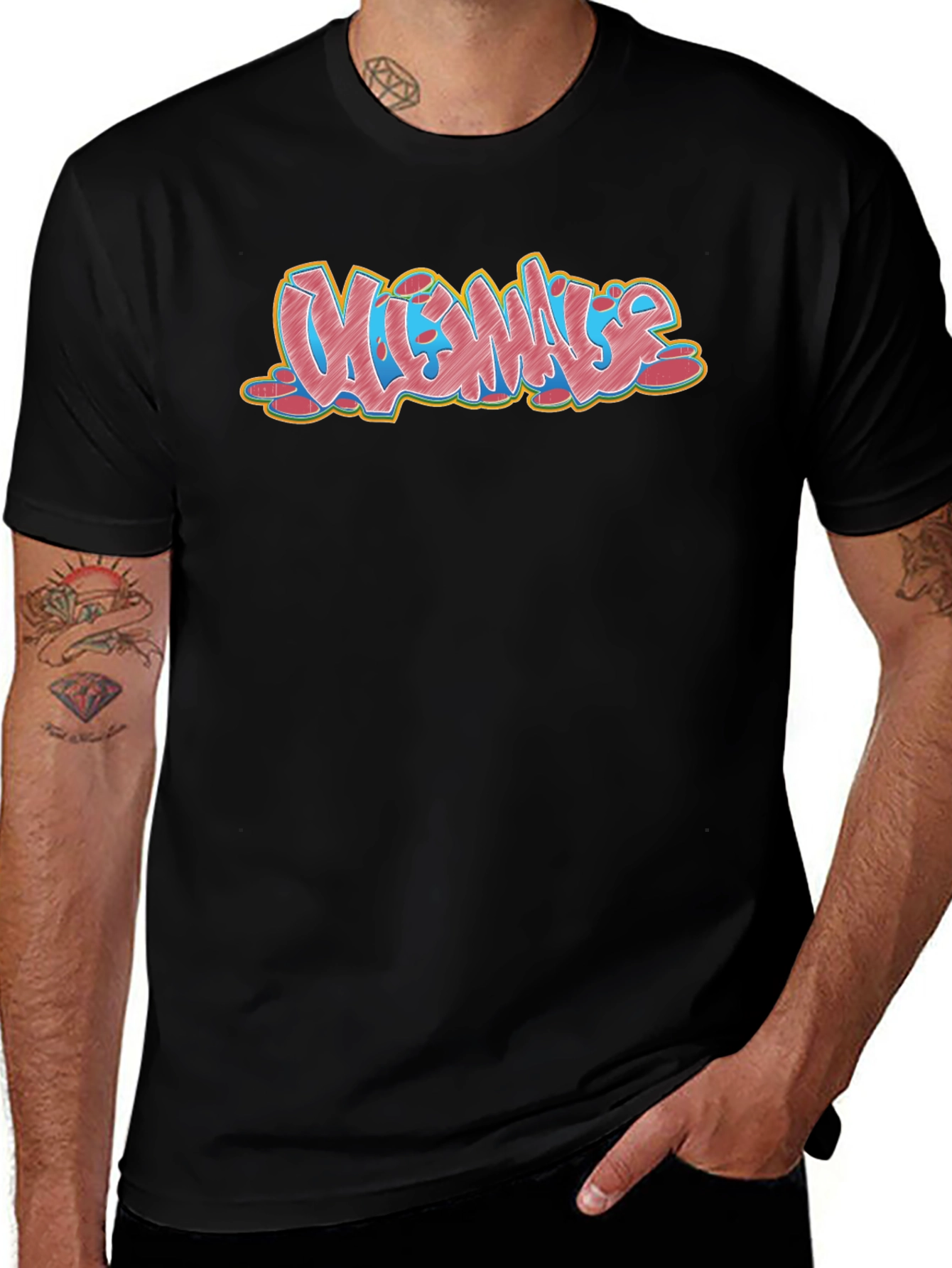 Mens Black Graphic T-Shirt - Vibes Graffiti Design