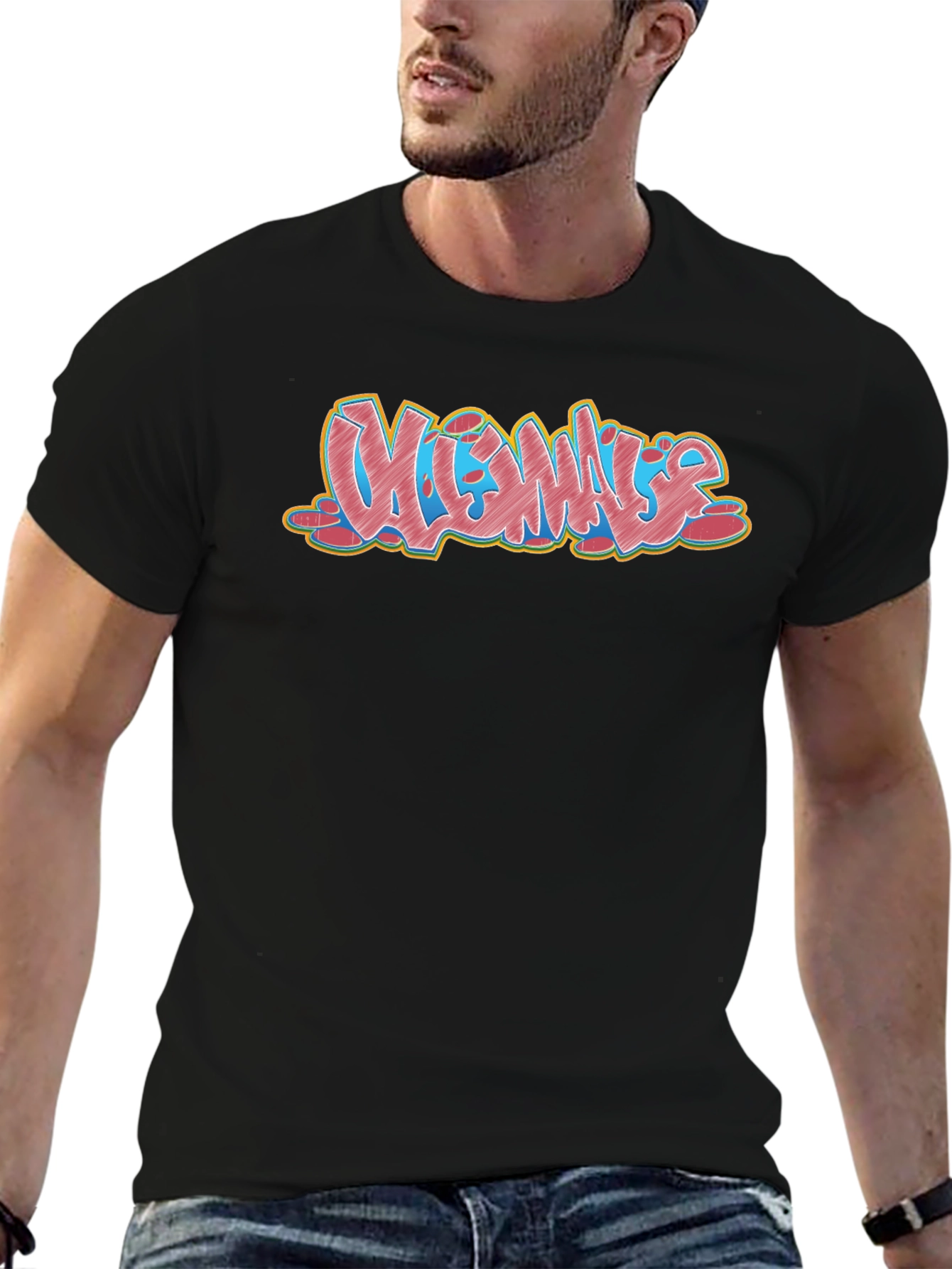 Mens Black Graphic T-Shirt - Vibes Graffiti Design