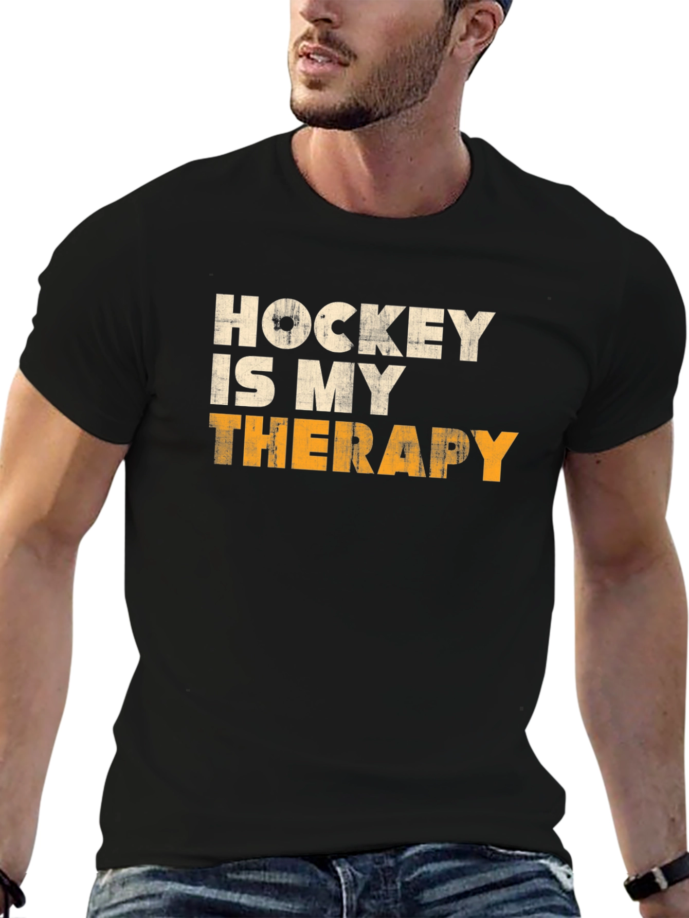 Hockey Is My Therapy Mens Black Graphic Tee