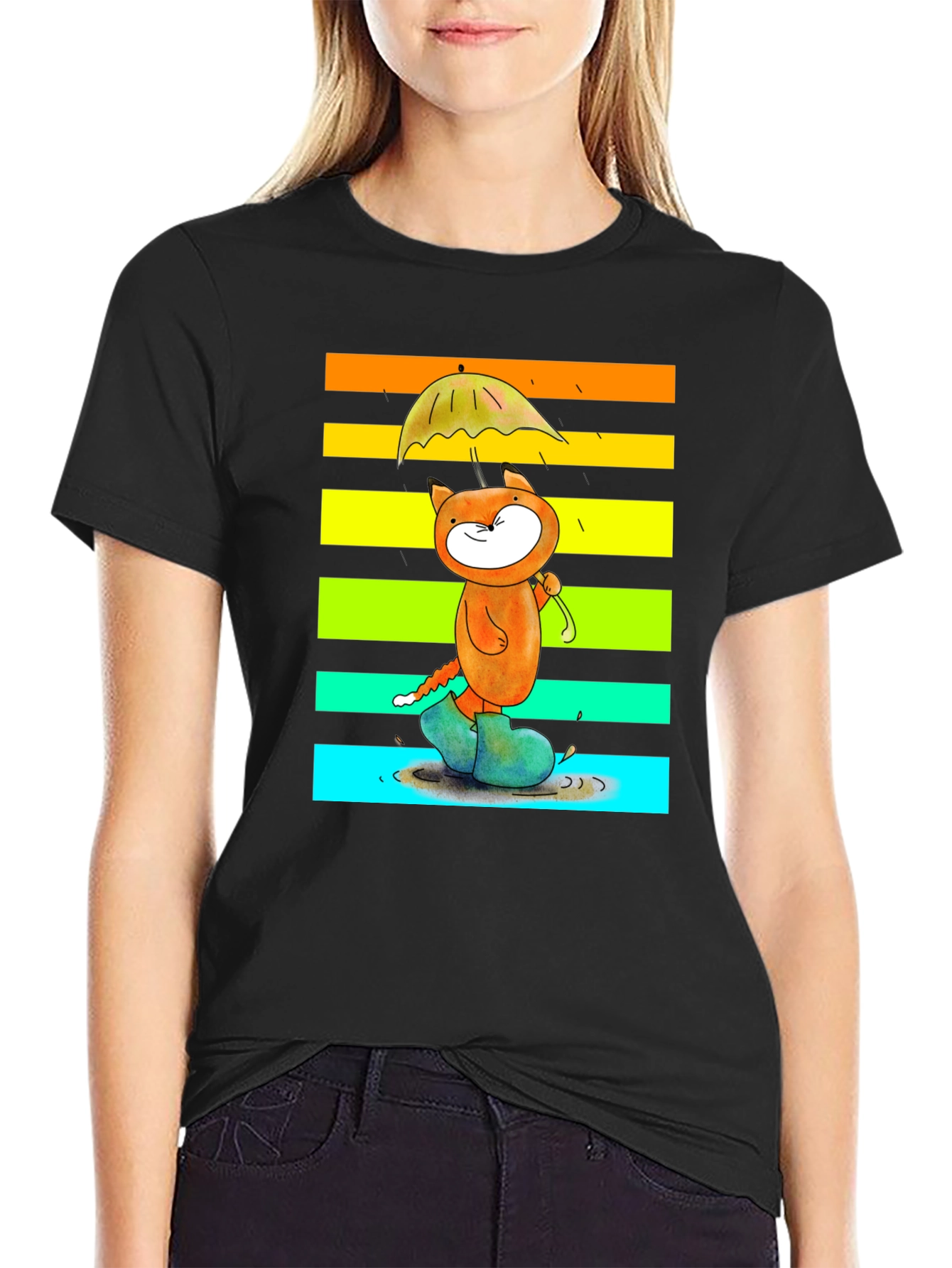 Cute Cat Rainbow Rain T-Shirt