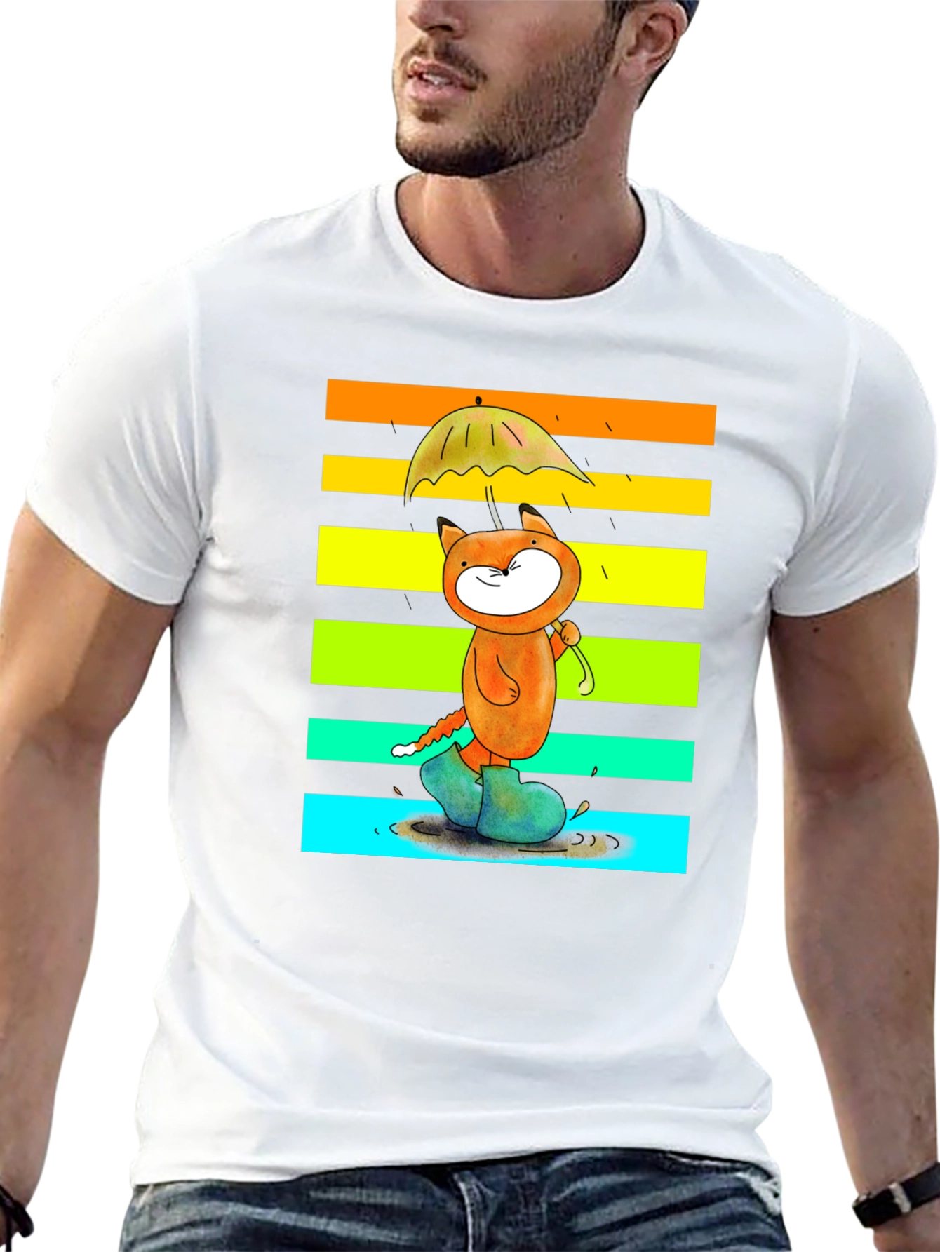 Cute Cat Rainbow Rain T-Shirt