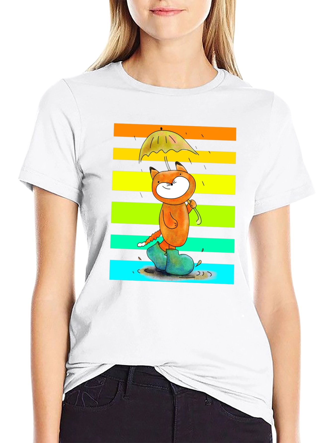 Cute Cat Rainbow Rain T-Shirt