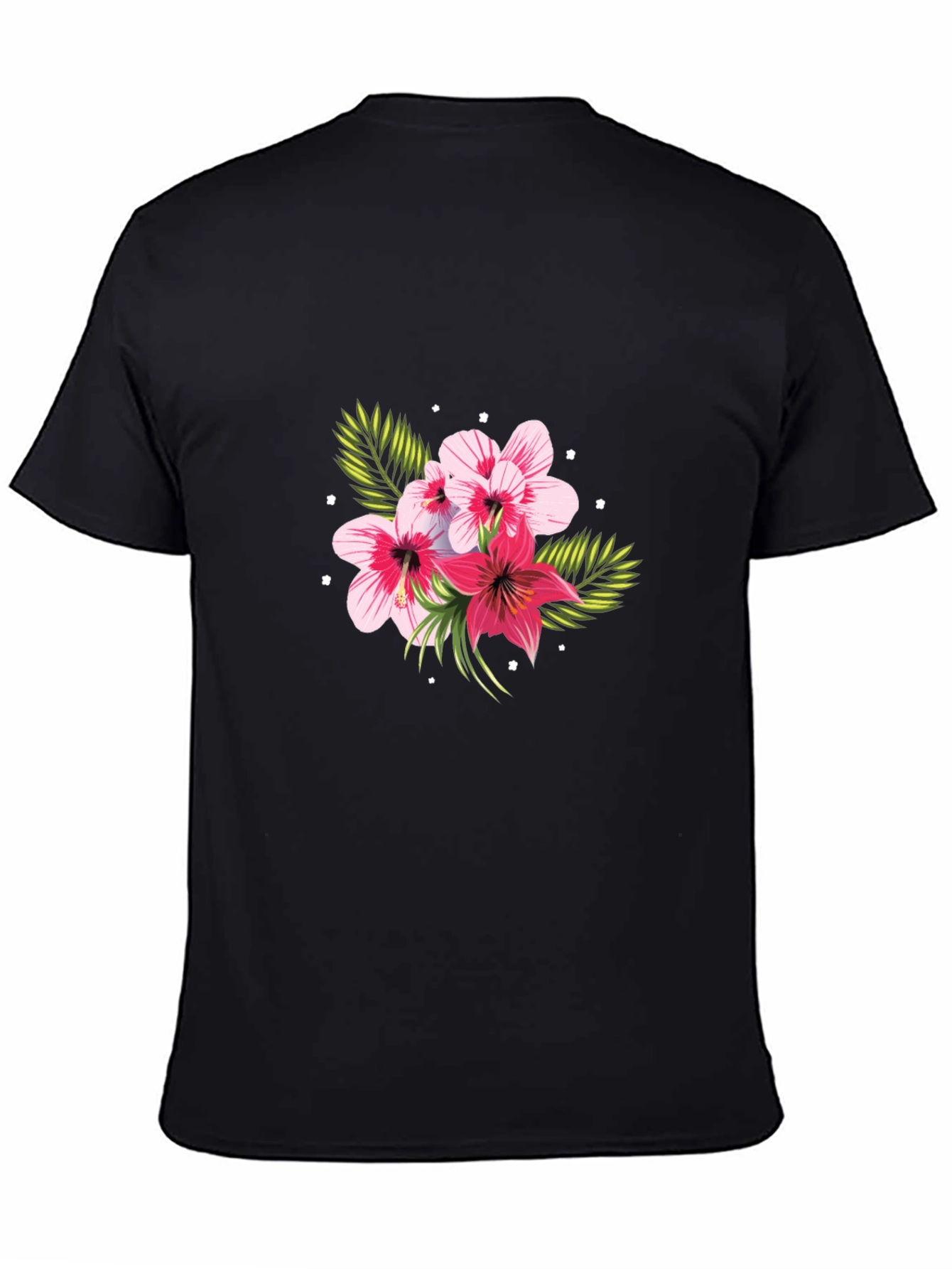 Floral Print Black T-Shirt - Tropical Hibiscus Design