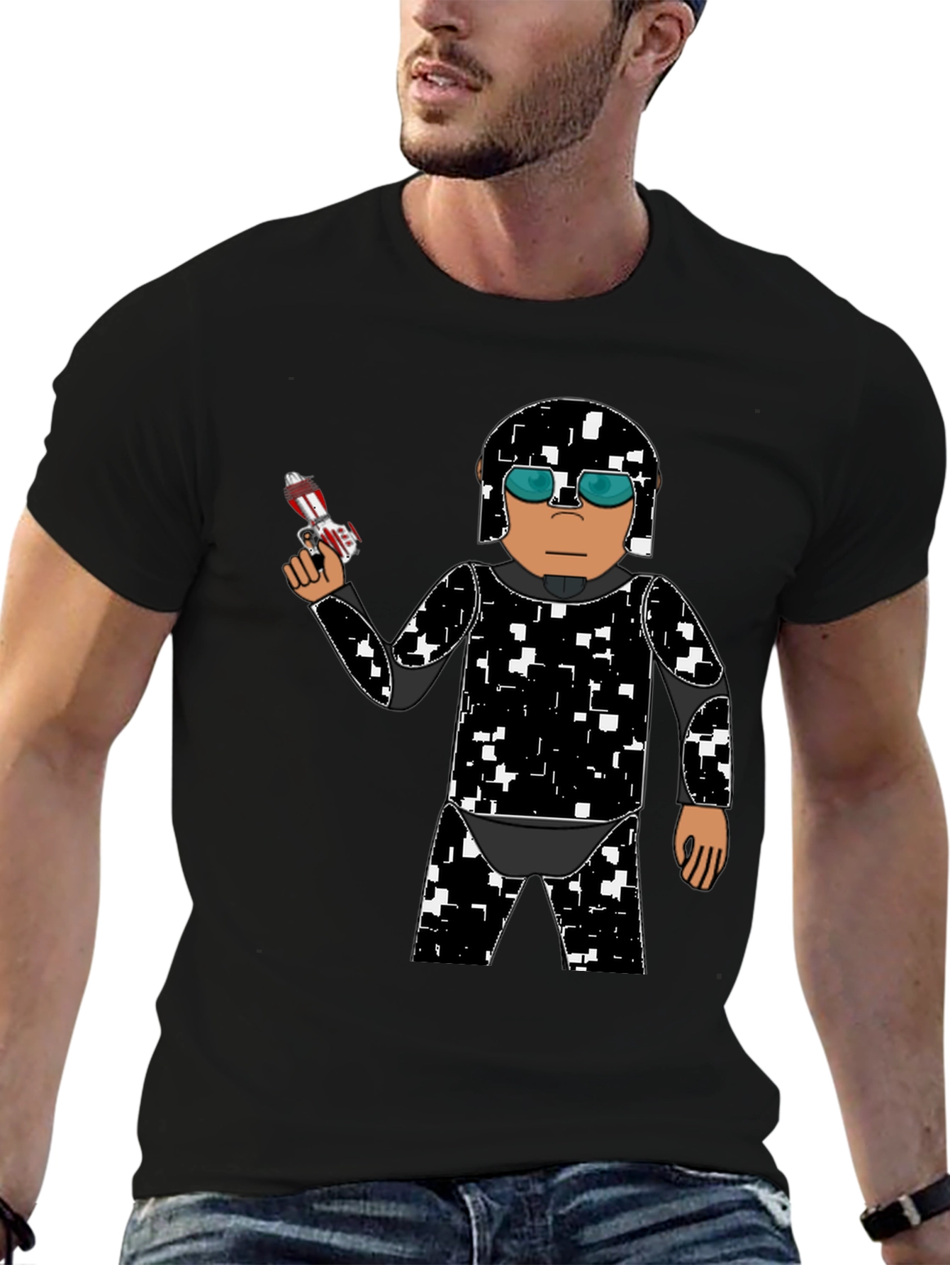 Sci-Fi Soldier Graphic Tee - Black Cotton Blend