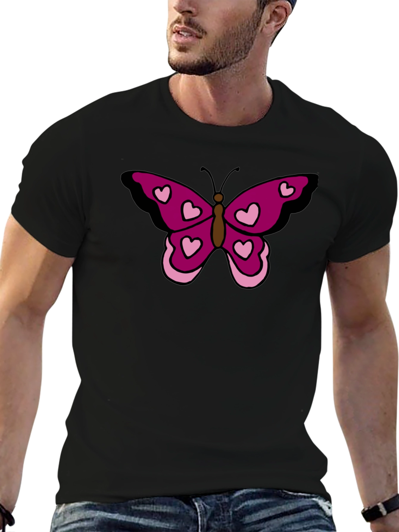 Butterfly Heart Graphic Tee - Black Cotton Casual Shirt