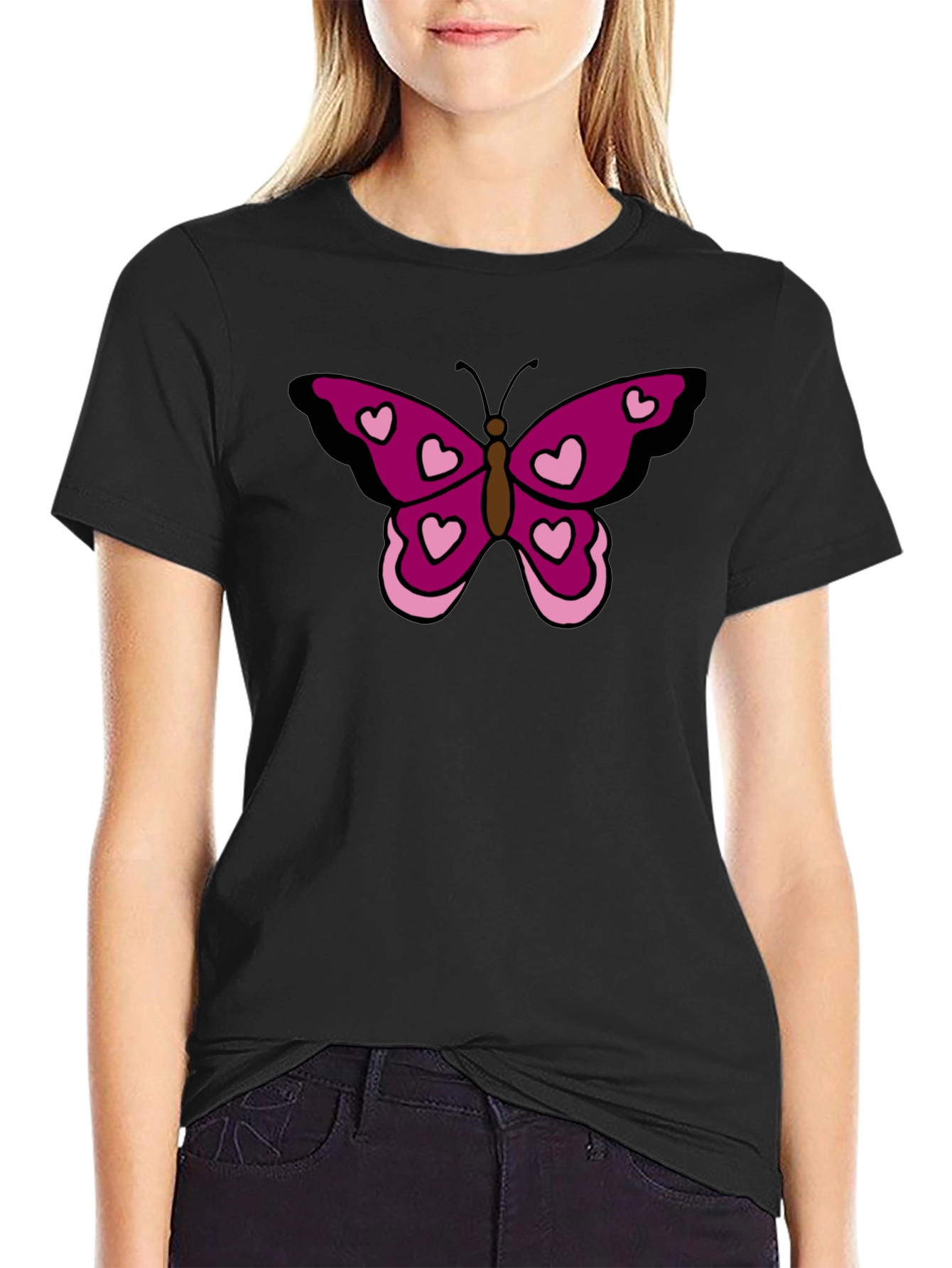 Butterfly Heart Graphic Tee - Black Cotton Casual Shirt