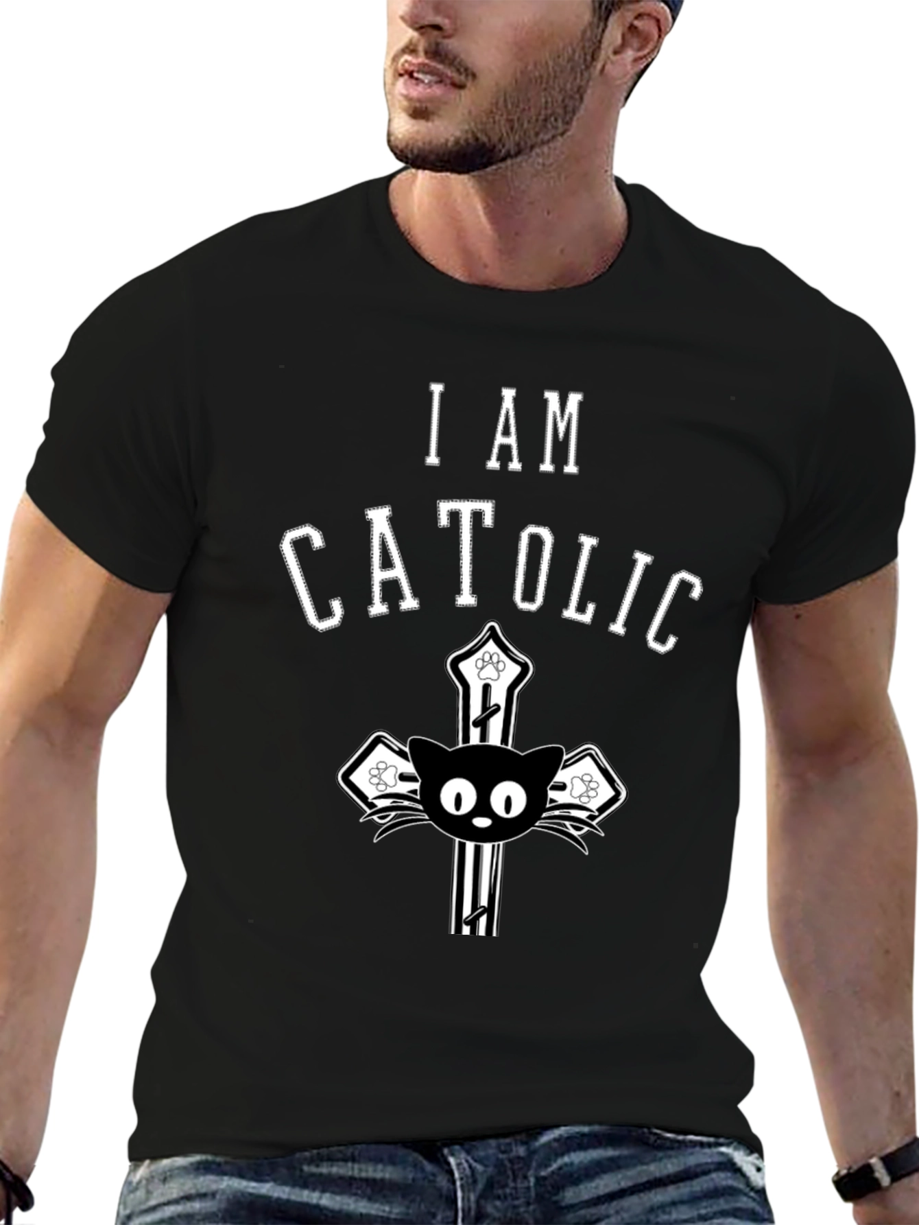 I Am Catholic Cat T-Shirt - Black Cotton Tee