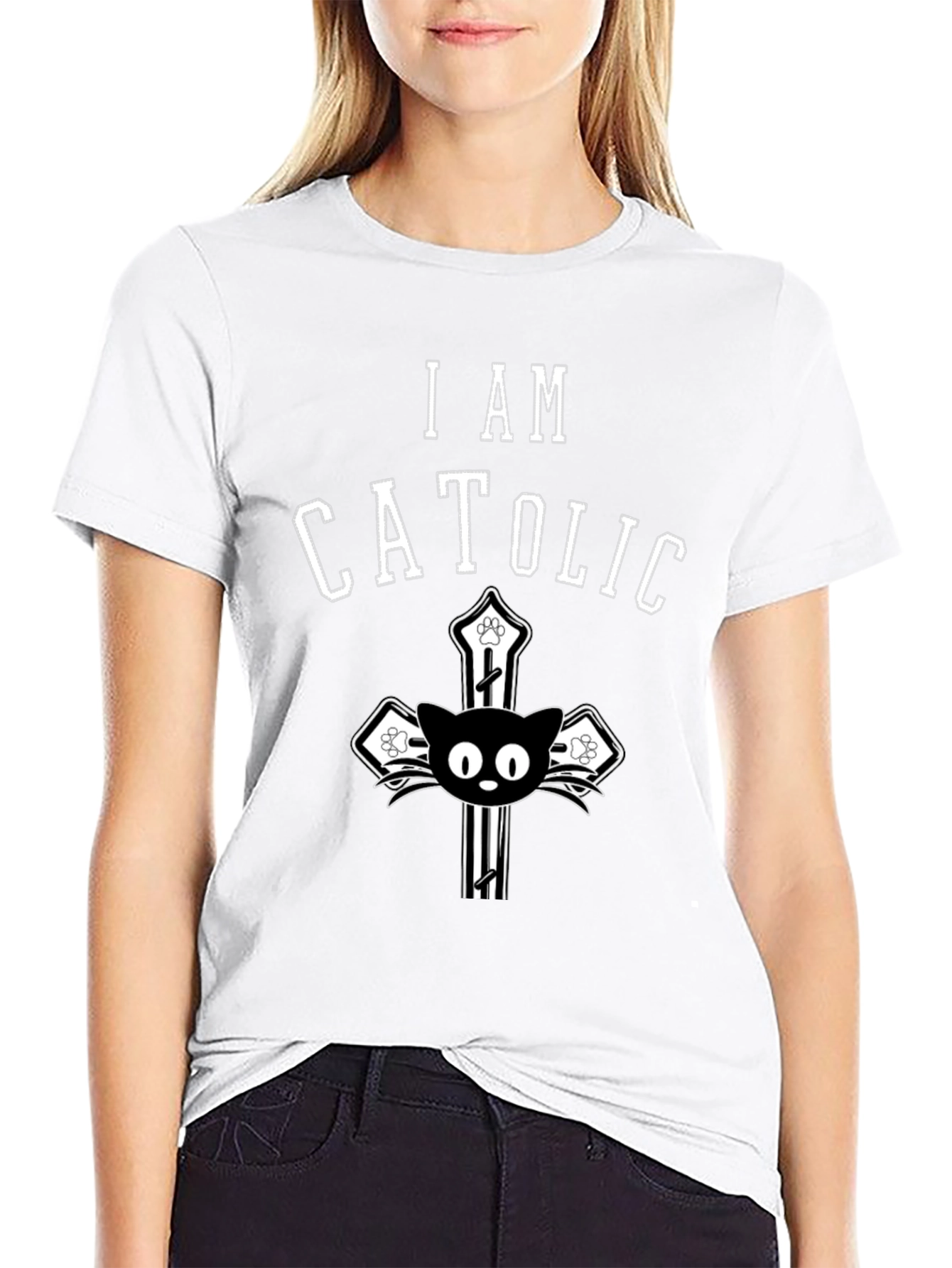 I Am Catholic Cat T-Shirt - Black Cotton Tee