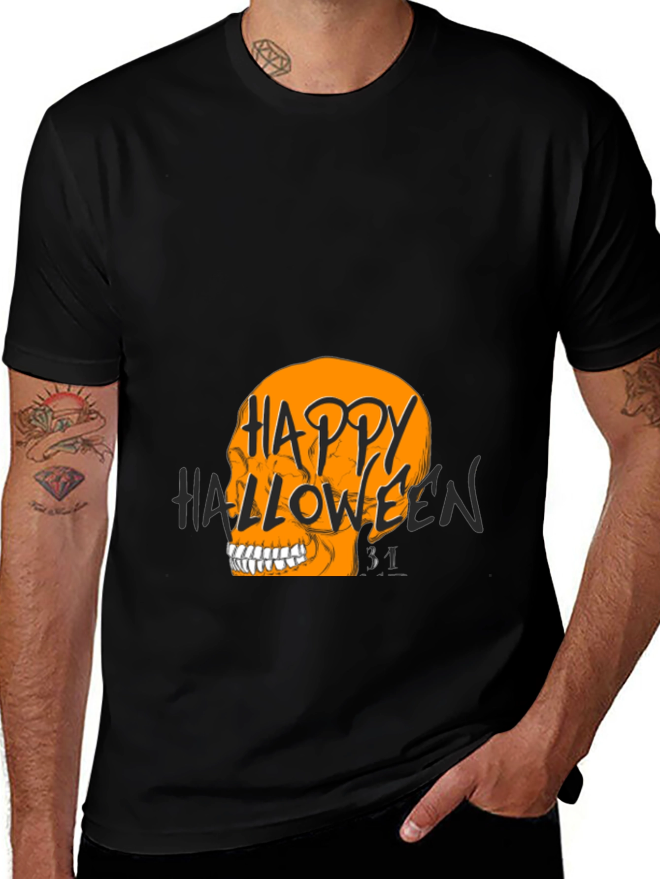Happy Halloween Skull Graphic Tee - Black