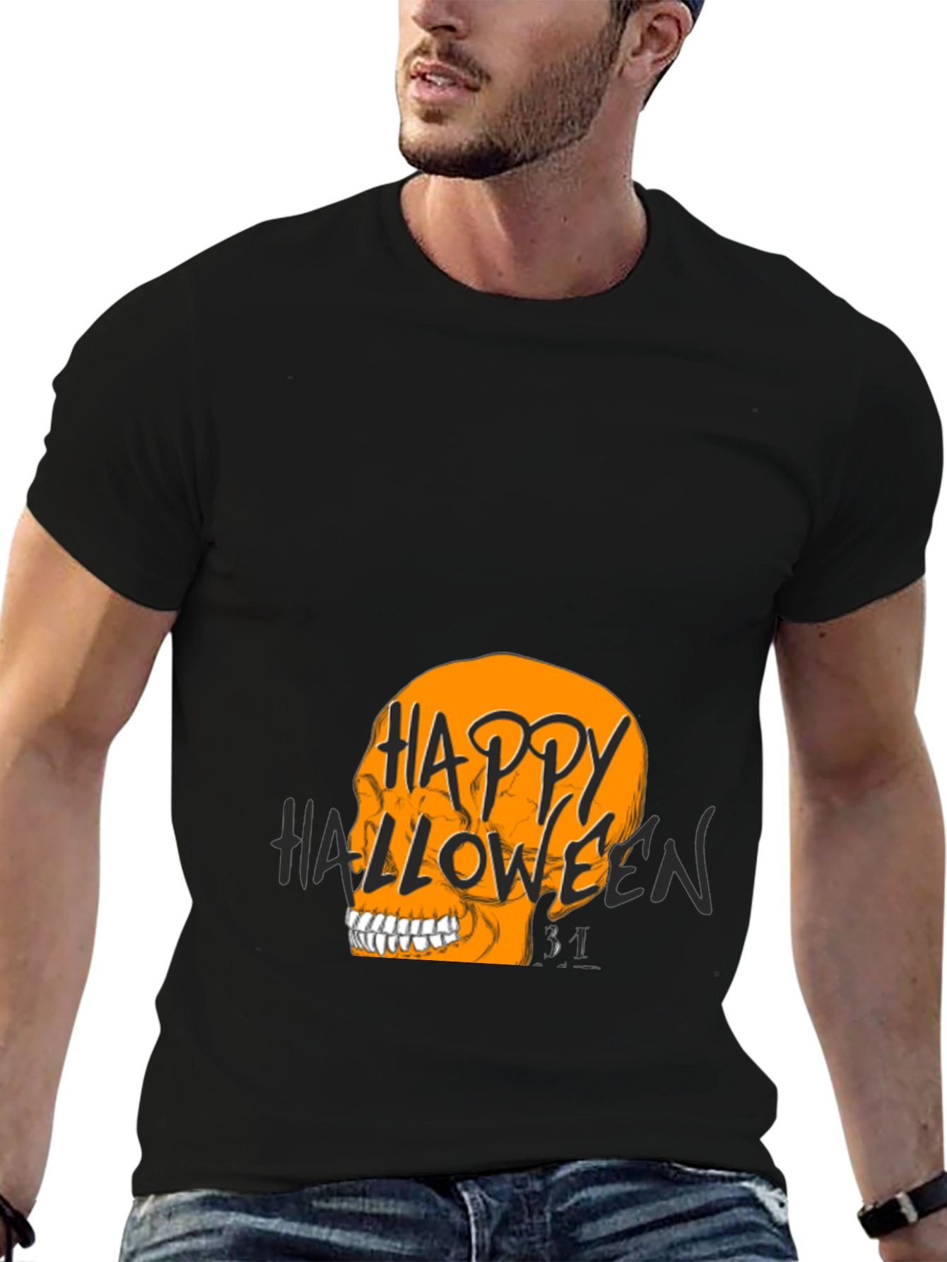 Happy Halloween Skull Graphic Tee - Black