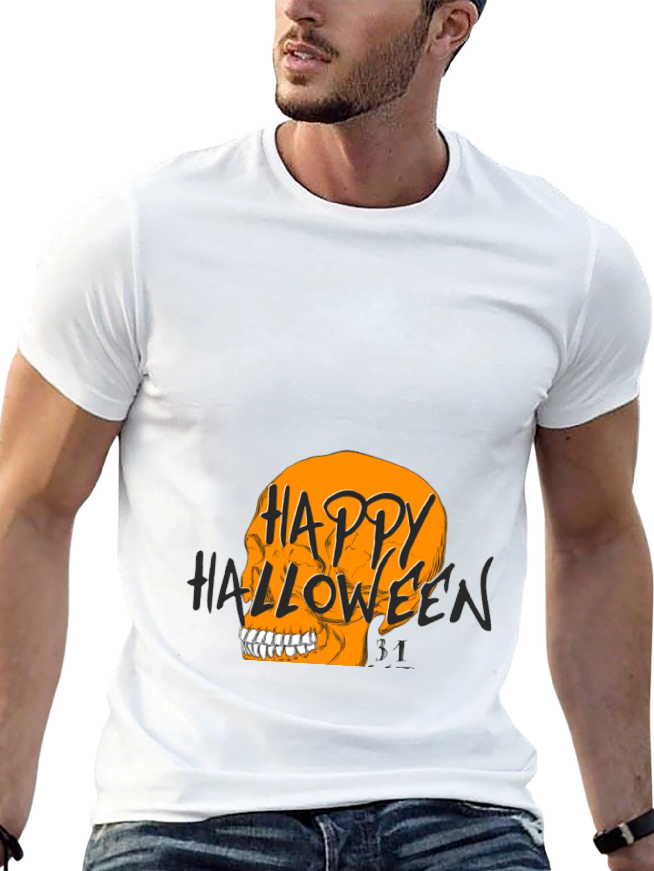 Happy Halloween Skull Graphic Tee - Black