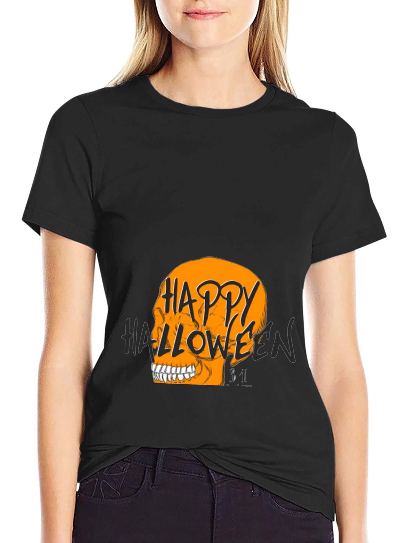 Happy Halloween Skull Graphic Tee - Black