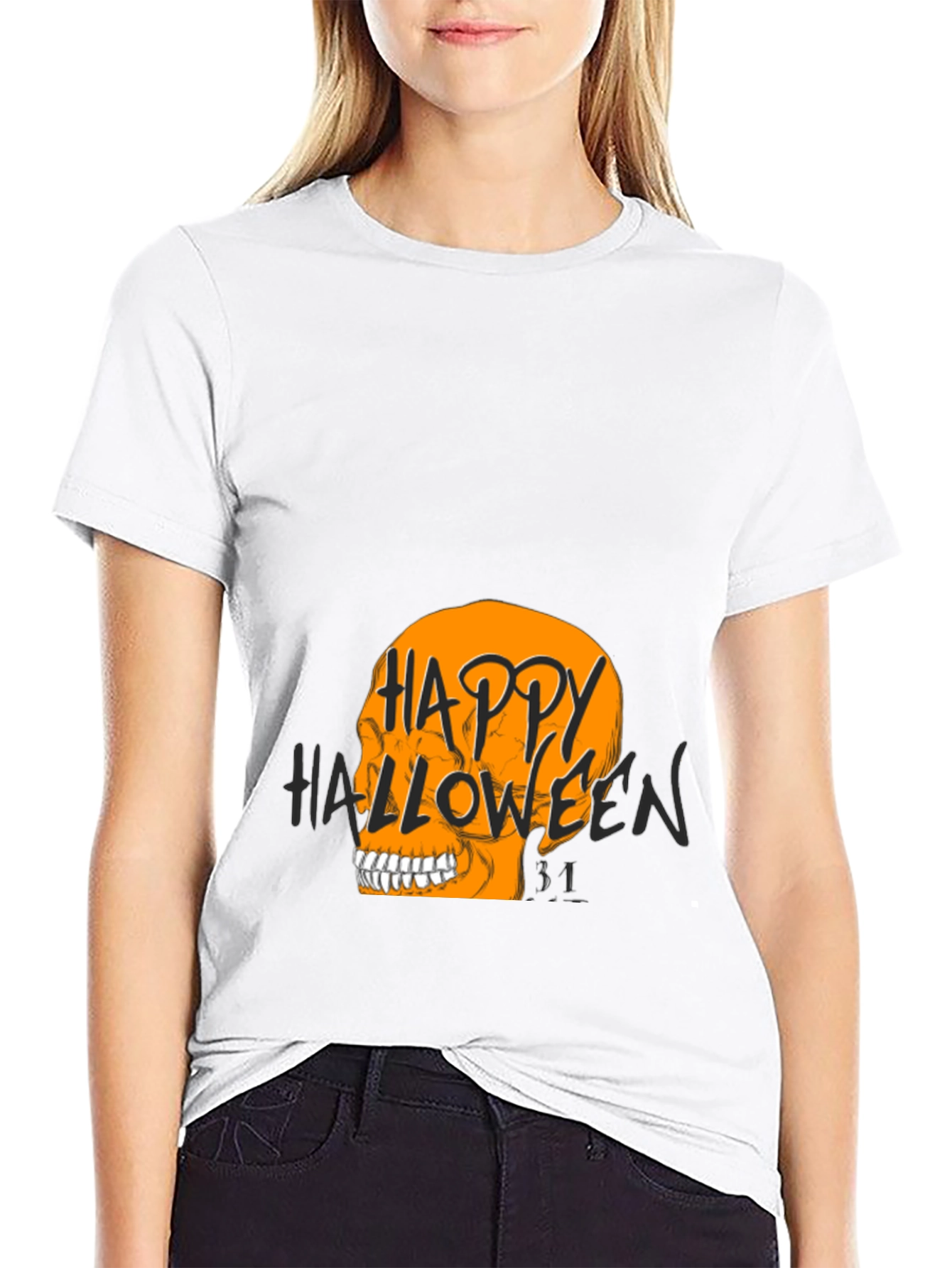 Happy Halloween Skull Graphic Tee - Black