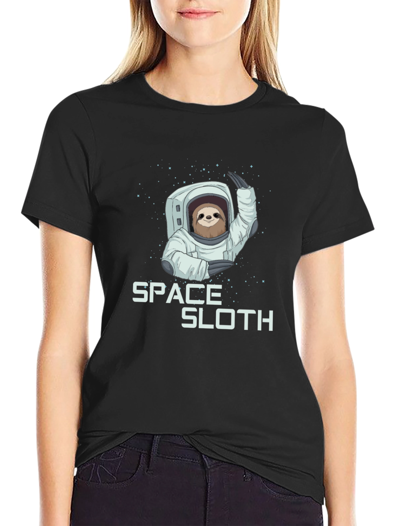 Space Sloth Graphic Tee - Black Cotton Blend