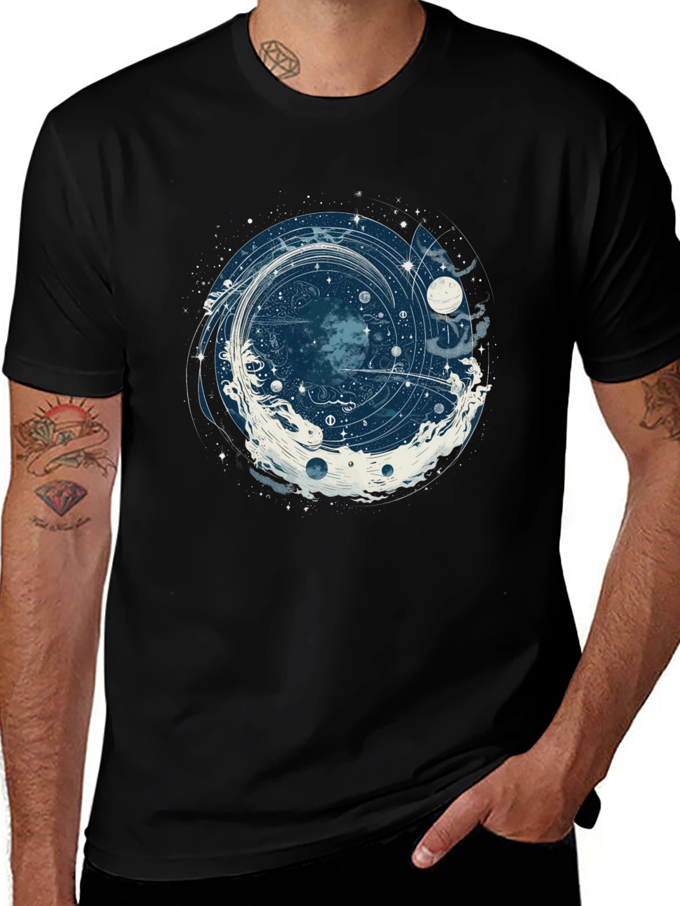 Cosmic Vortex Graphic Tee - Black Cotton T-Shirt