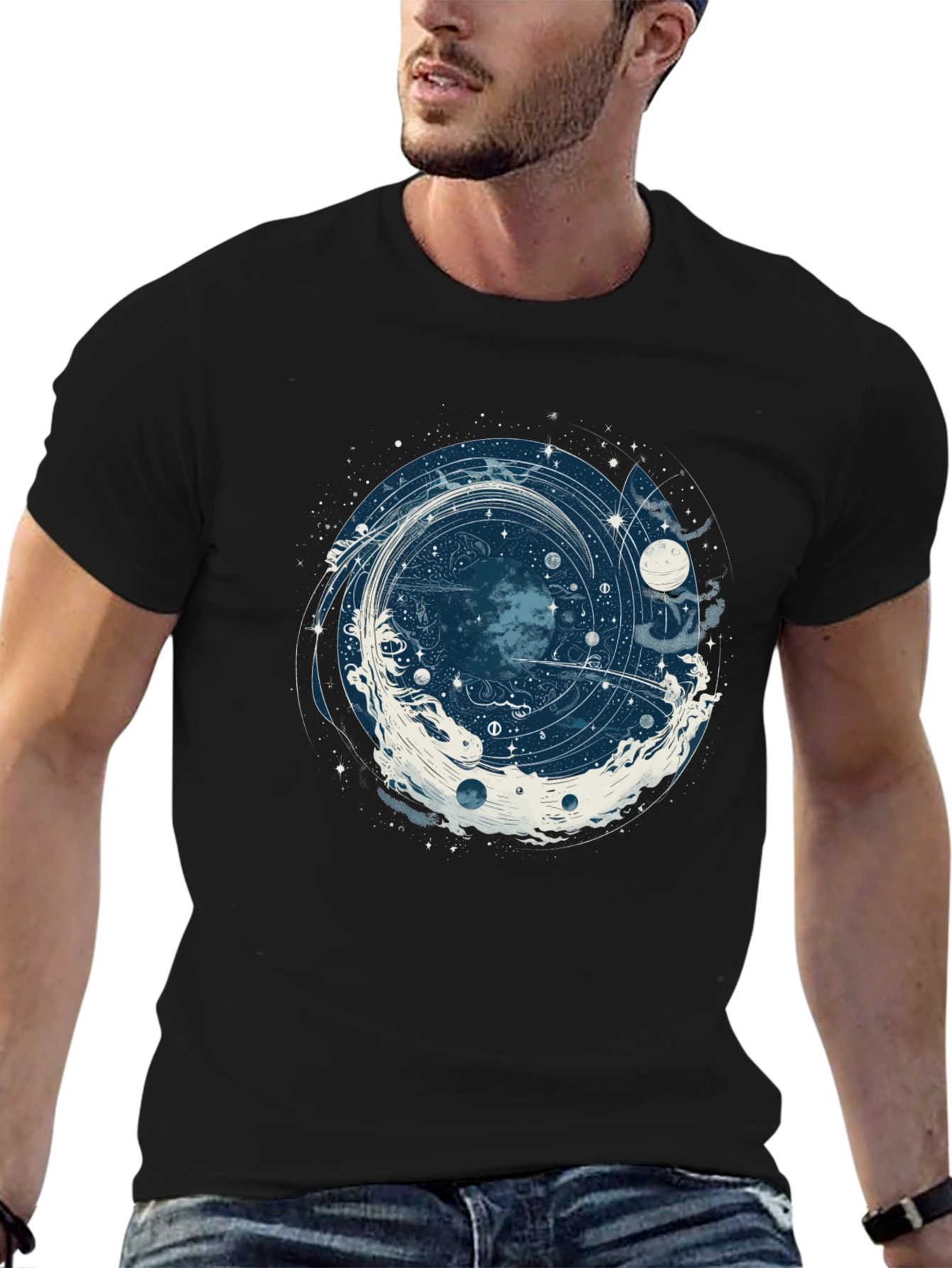 Cosmic Vortex Graphic Tee - Black Cotton T-Shirt