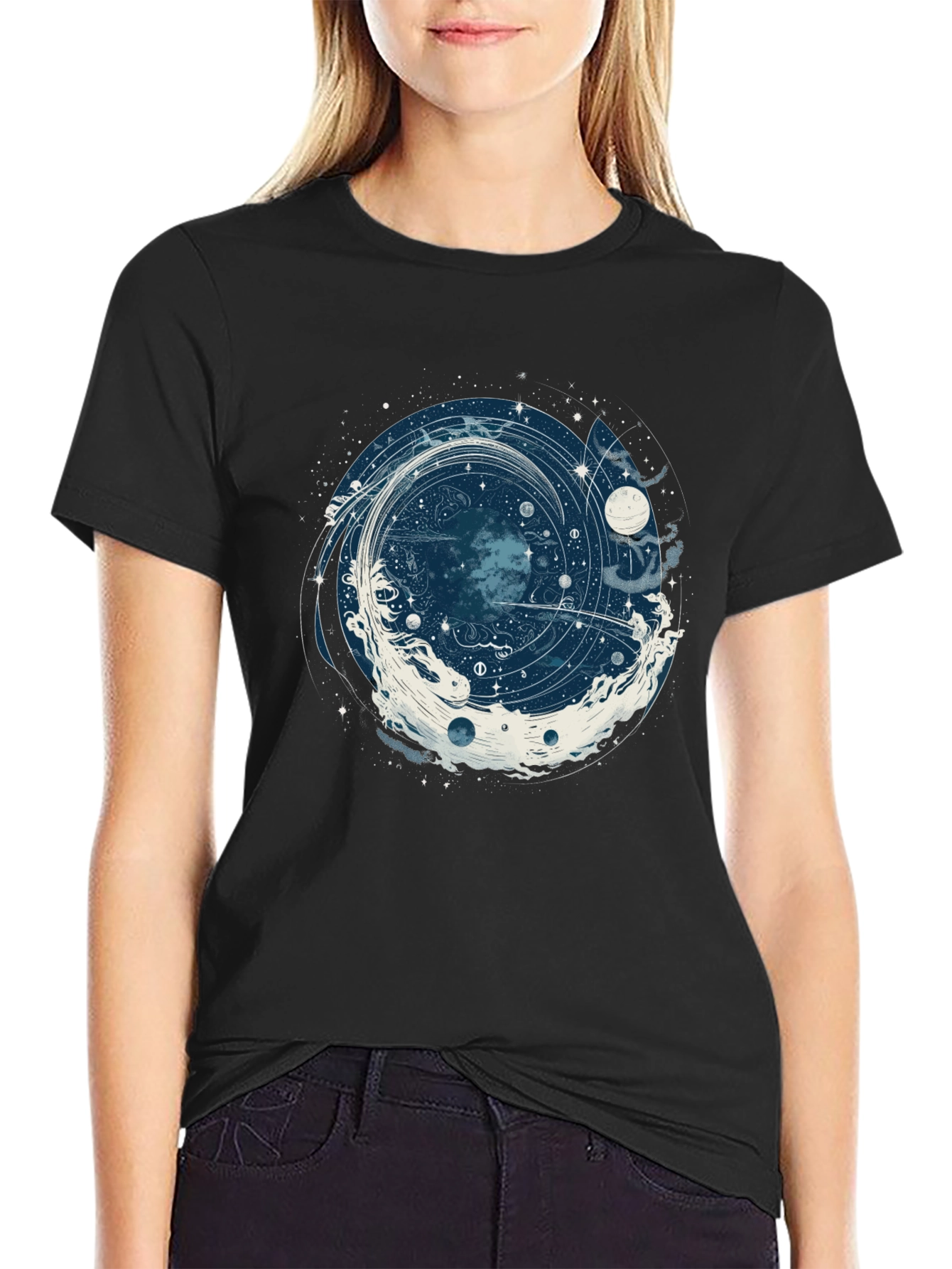 Cosmic Vortex Graphic Tee - Black Cotton T-Shirt