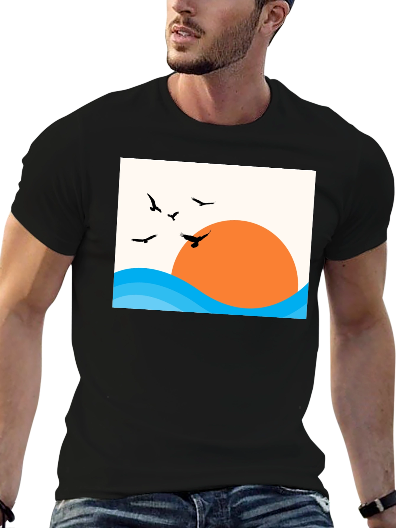 Sunset Birds Graphic Tee - Casual Black T-Shirt