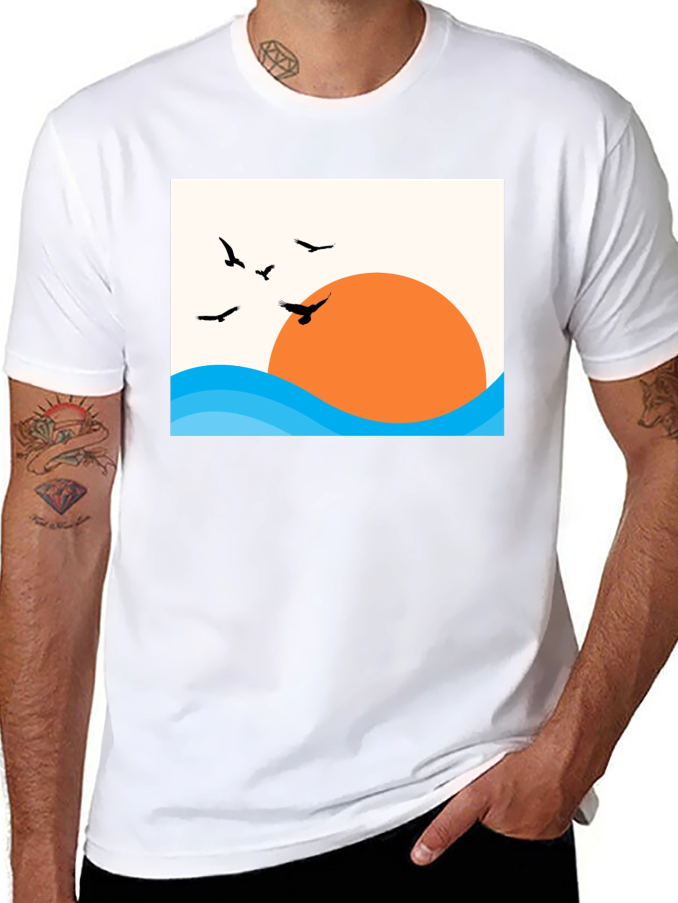Sunset Birds Graphic Tee - Casual Black T-Shirt