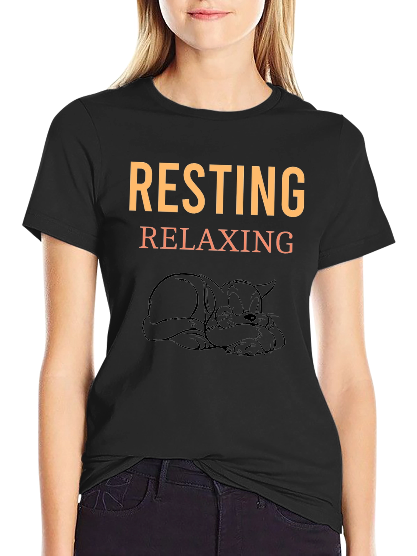 Resting Relaxing Cat Graphic Tee - Black Cotton T-Shirt