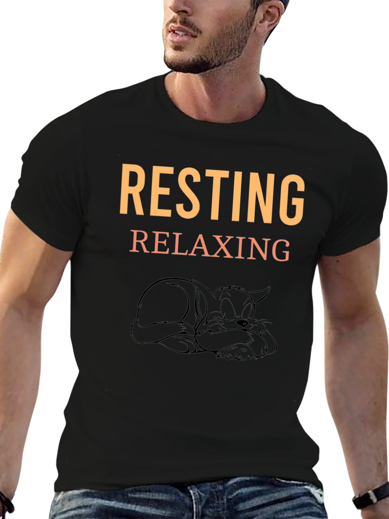 Resting Relaxing Cat Graphic Tee - Black Cotton T-Shirt