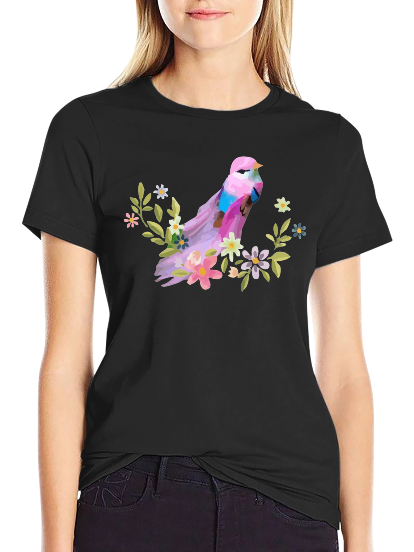 Bird and Floral Graphic T-Shirt - Black