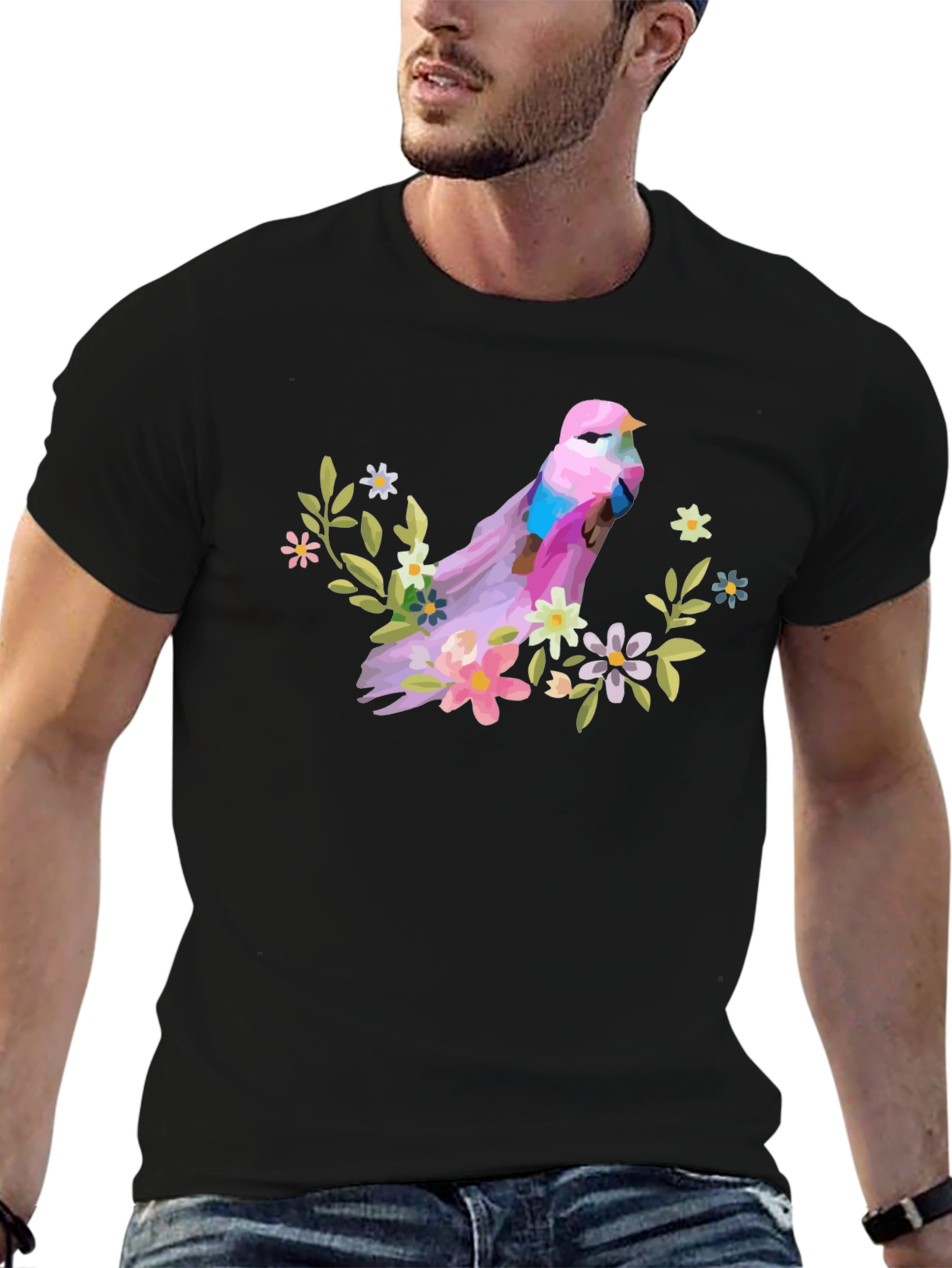 Bird and Floral Graphic T-Shirt - Black