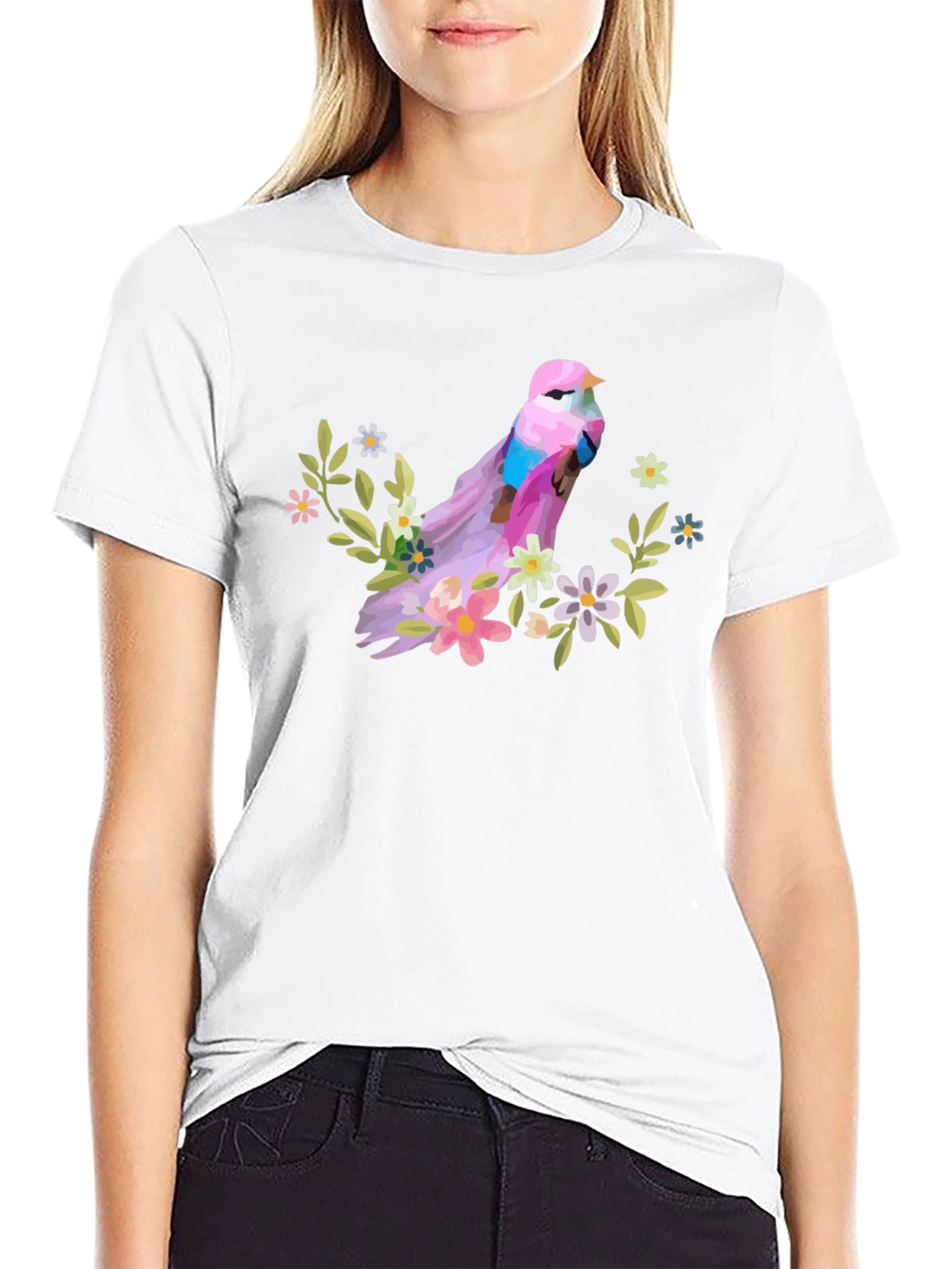 Bird and Floral Graphic T-Shirt - Black