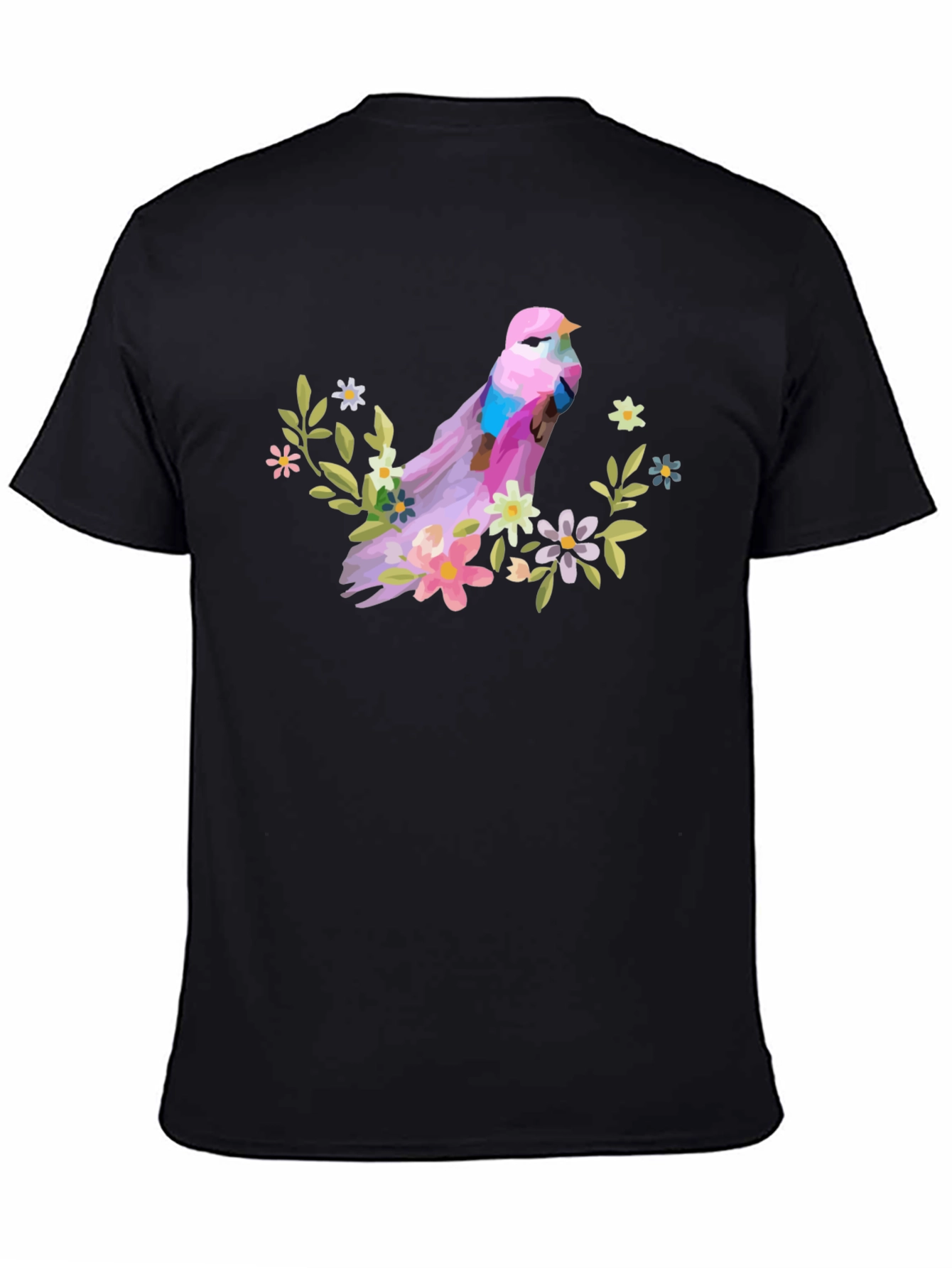 Bird and Floral Graphic T-Shirt - Black