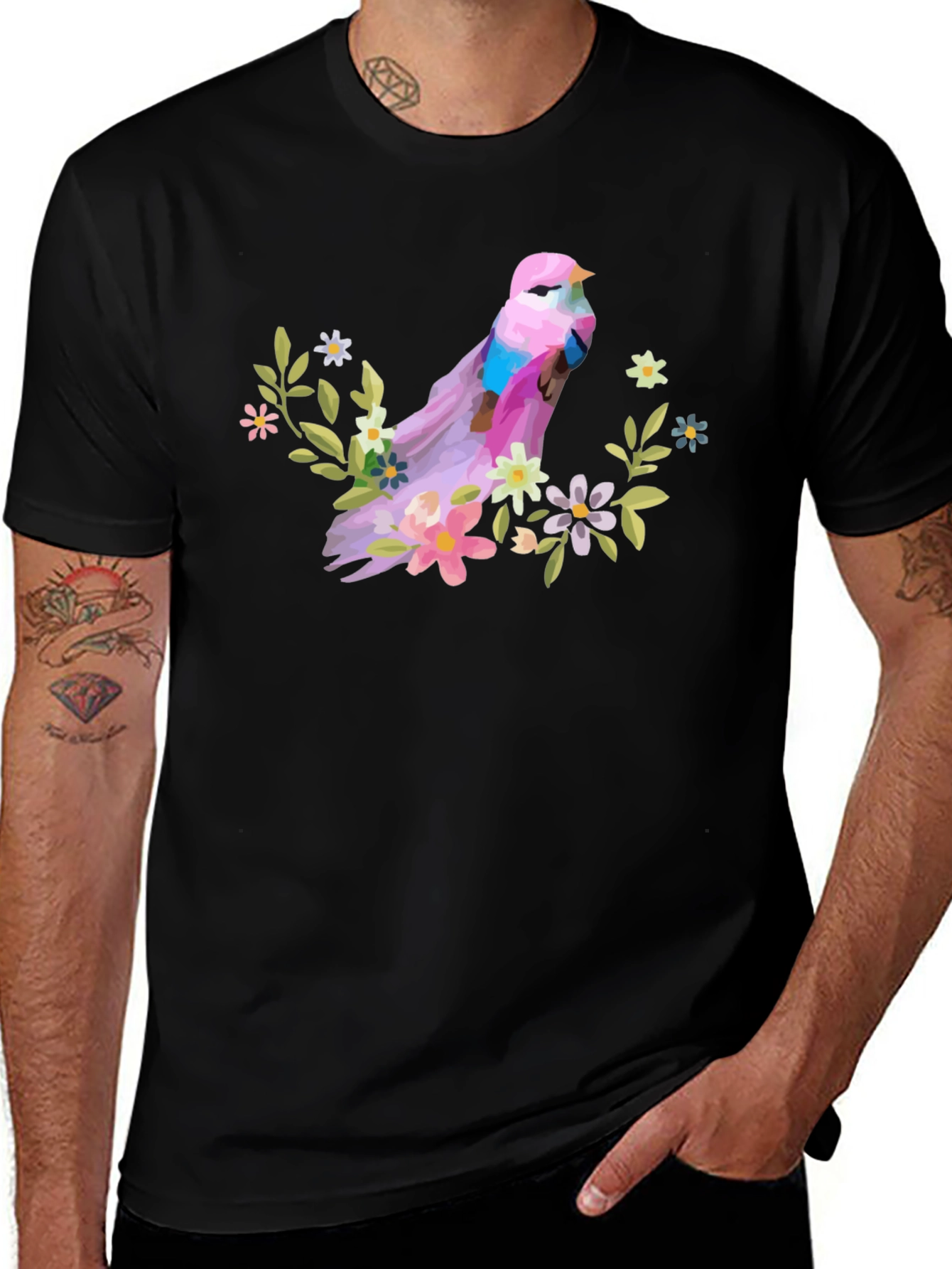 Bird and Floral Graphic T-Shirt - Black