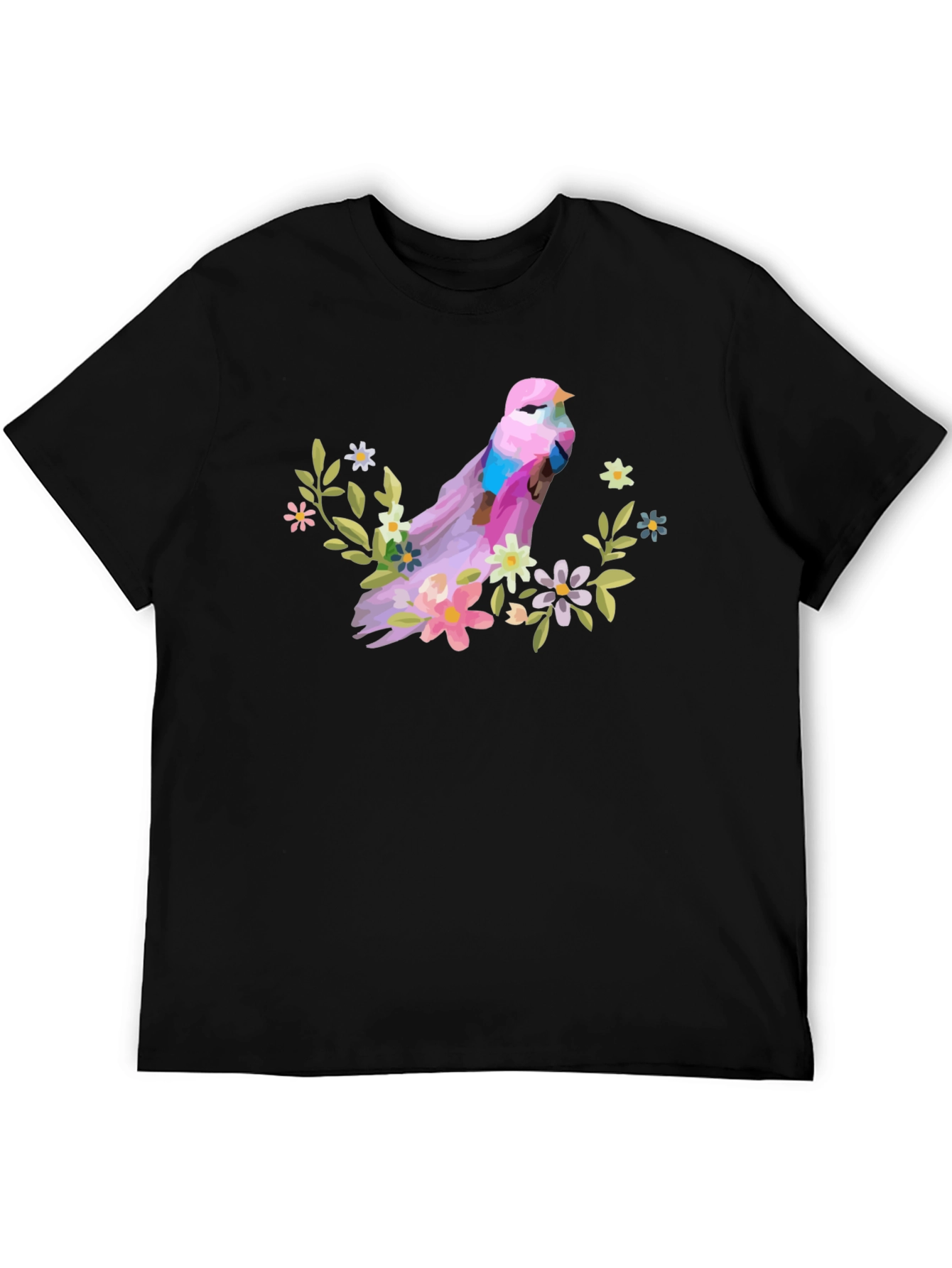 Bird and Floral Graphic T-Shirt - Black