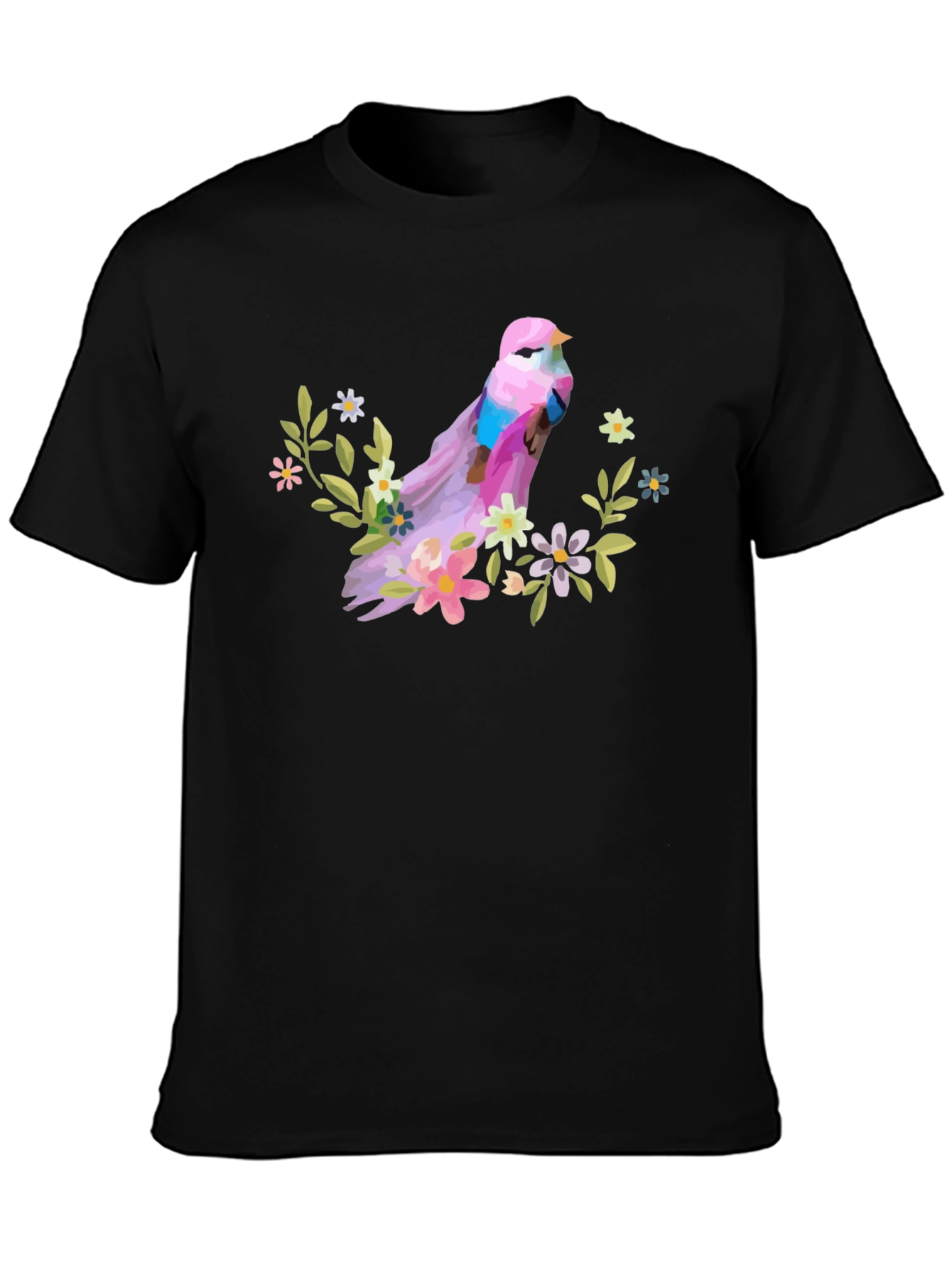 Bird and Floral Graphic T-Shirt - Black