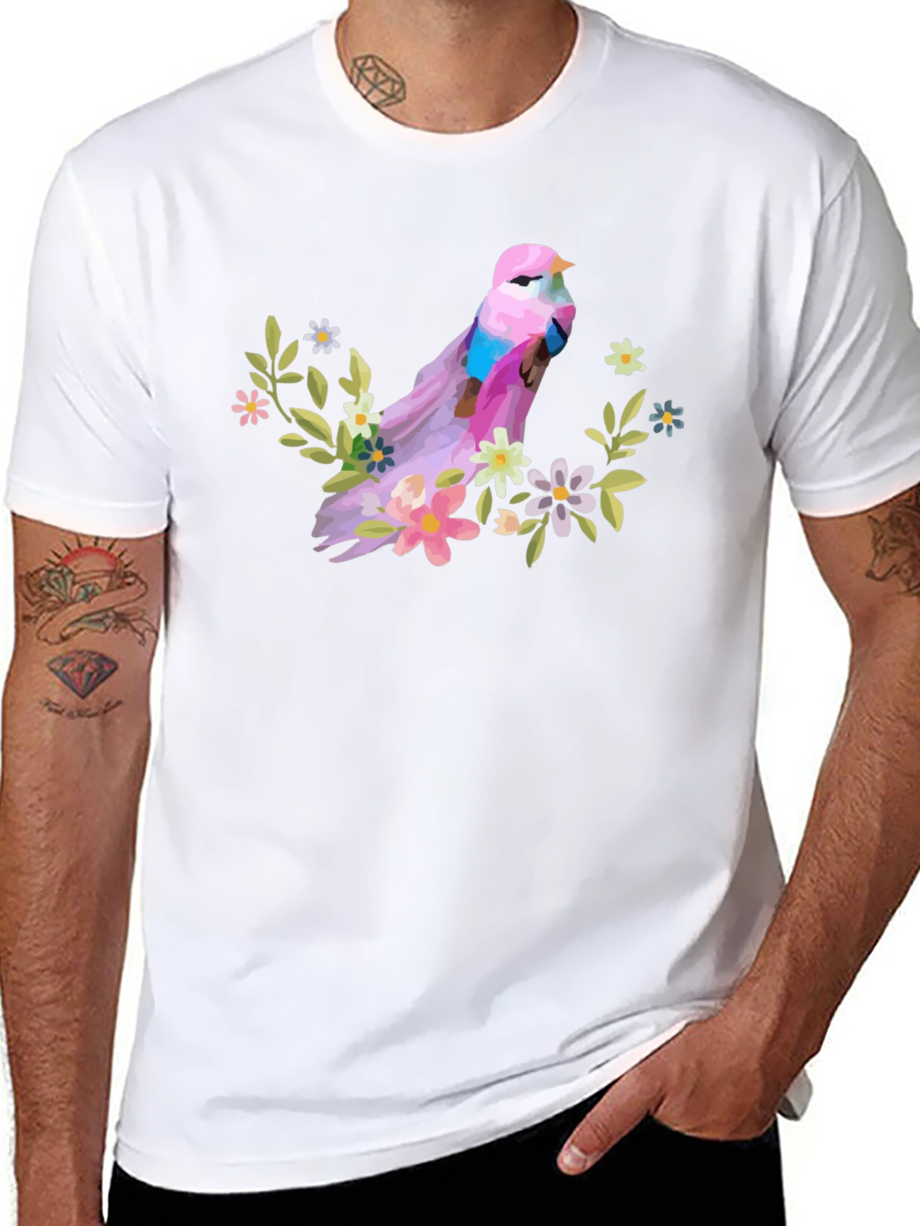 Bird and Floral Graphic T-Shirt - Black