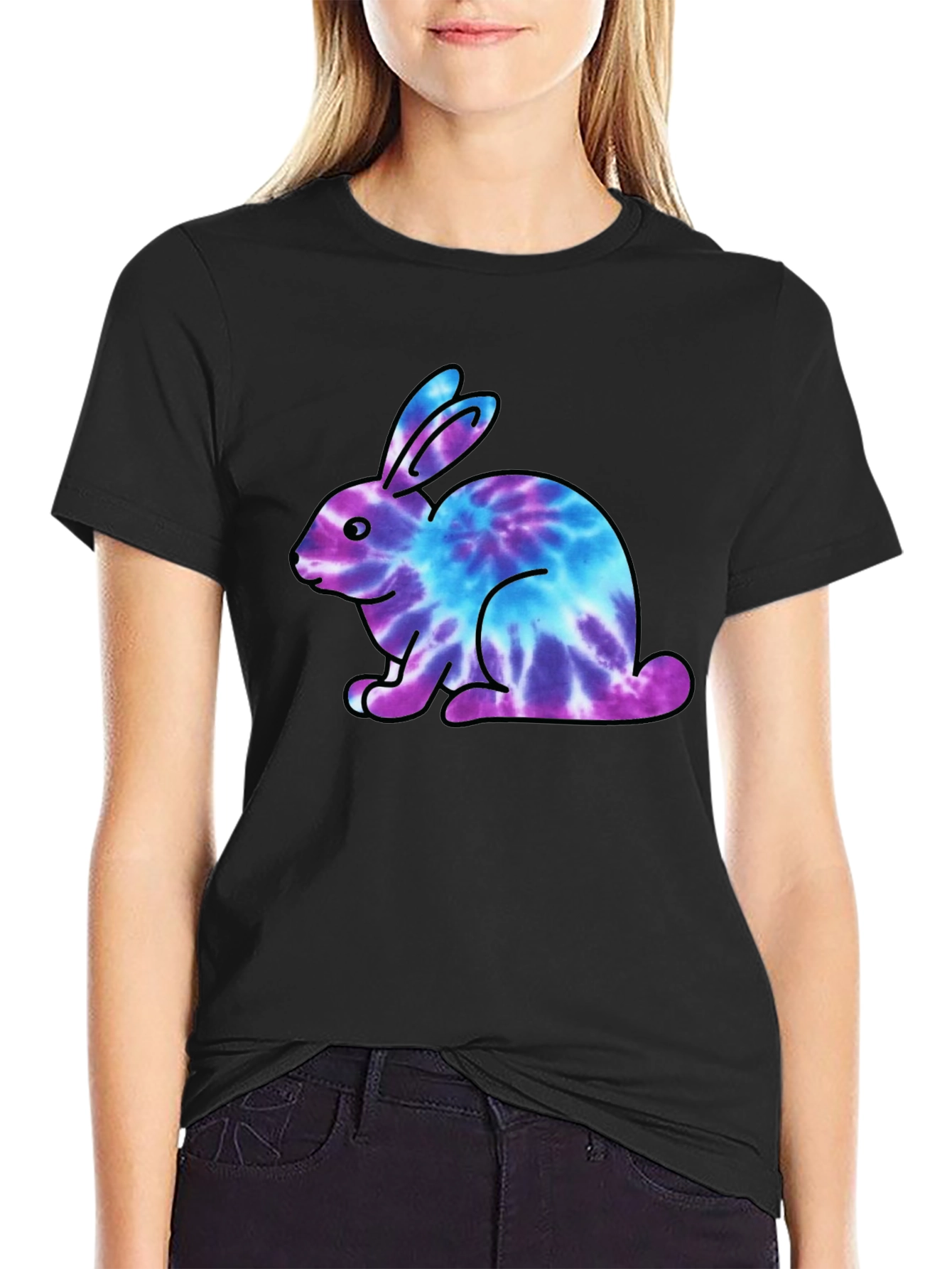 Tie Dye Bunny Graphic Black T-Shirt