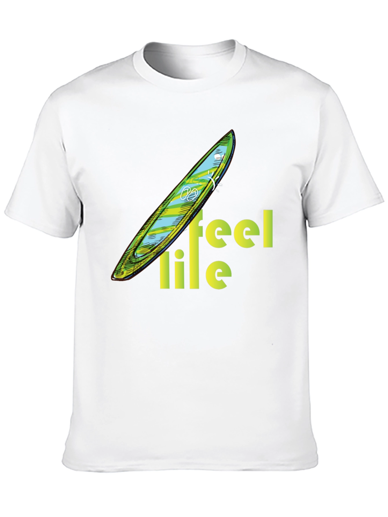 Feel Life Tee: Surfboard Design on Black Cotton Shirt
