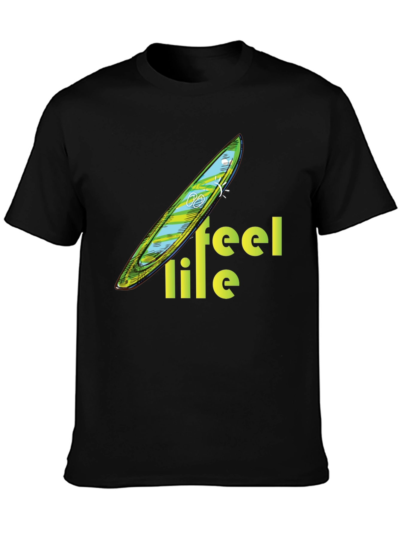 Feel Life Tee: Surfboard Design on Black Cotton Shirt