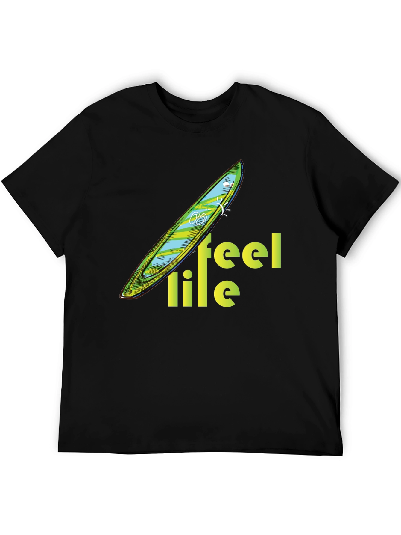 Feel Life Tee: Surfboard Design on Black Cotton Shirt