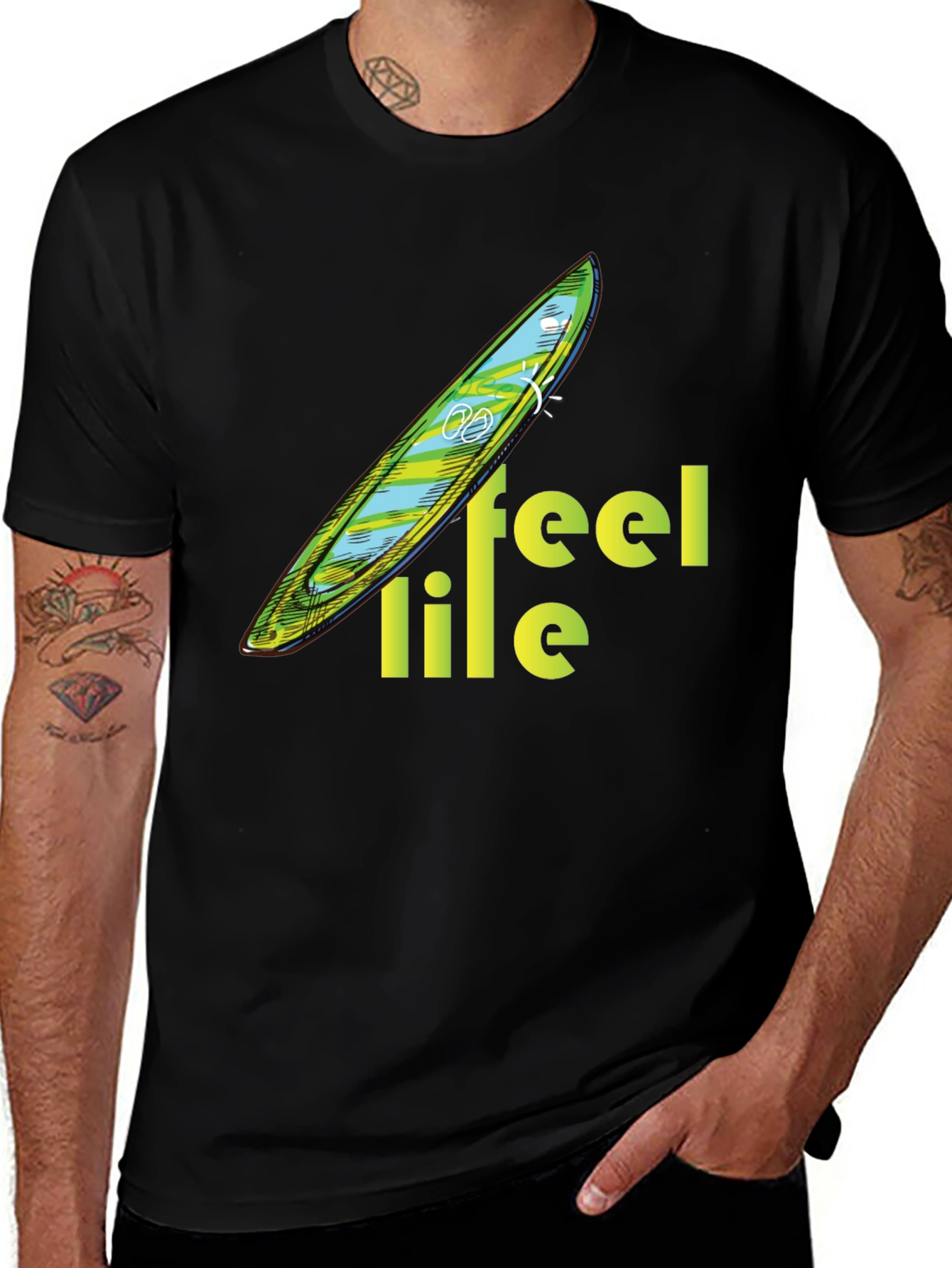 Feel Life Tee: Surfboard Design on Black Cotton Shirt
