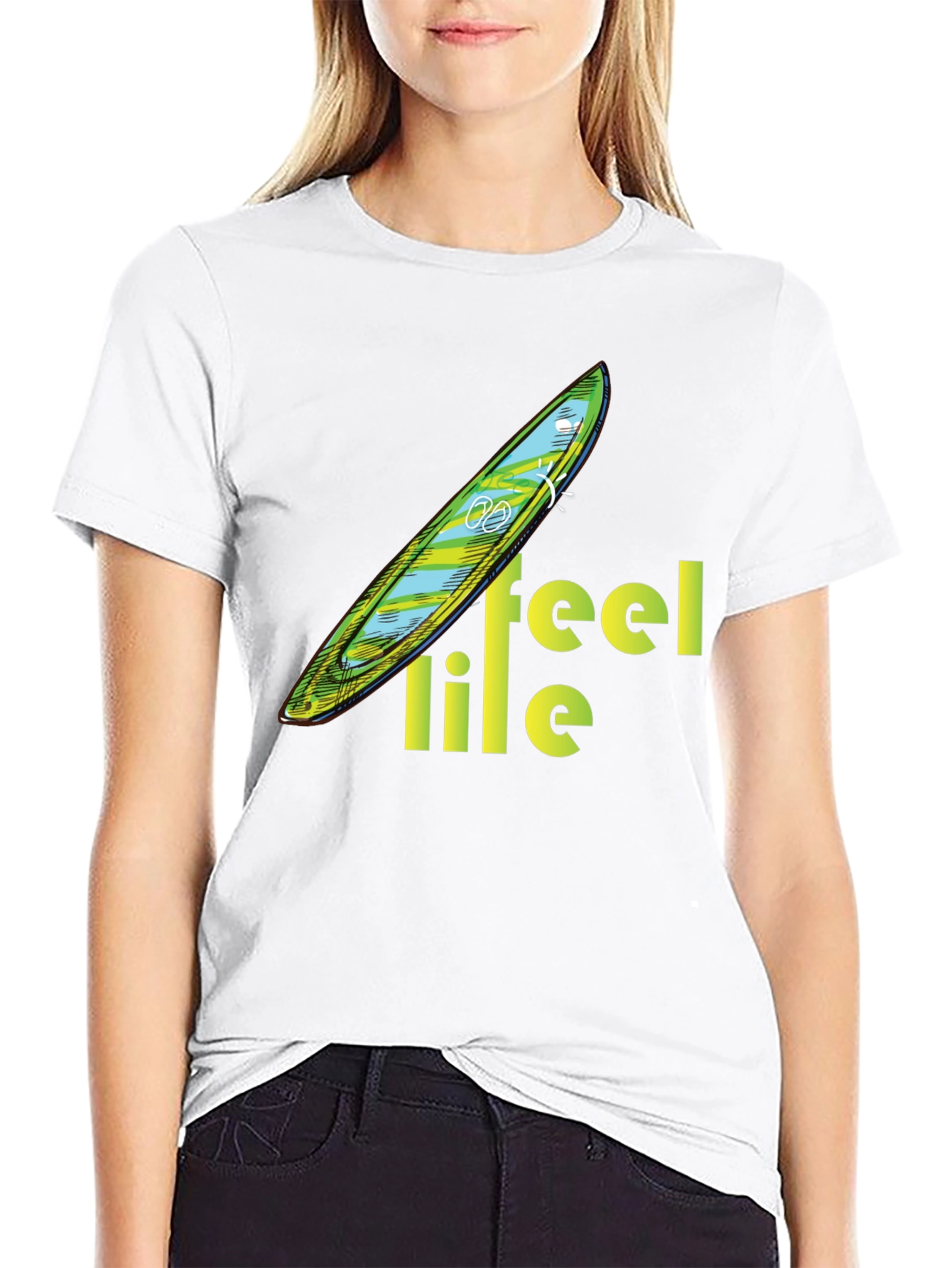 Feel Life Tee: Surfboard Design on Black Cotton Shirt