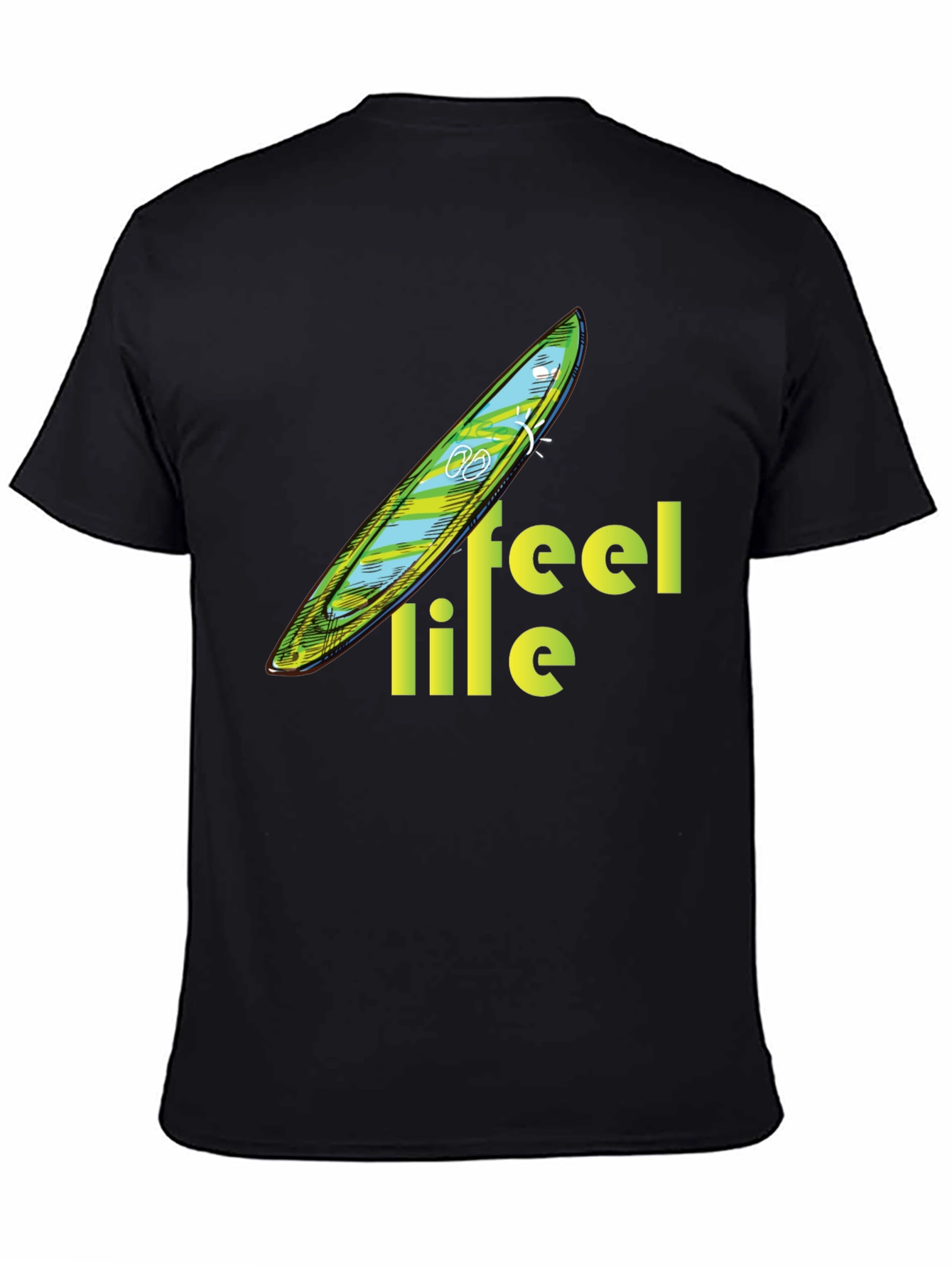 Feel Life Tee: Surfboard Design on Black Cotton Shirt