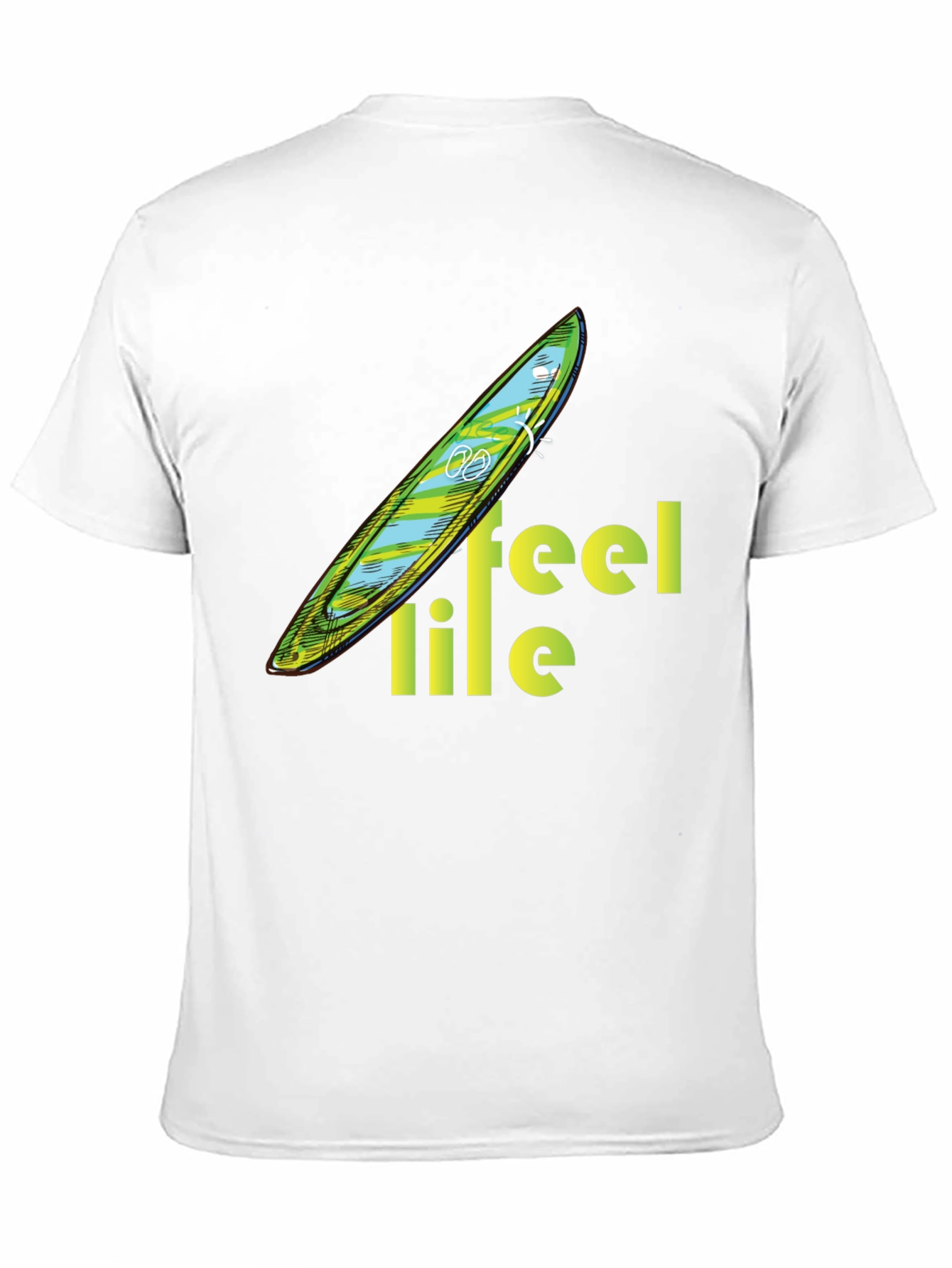Feel Life Tee: Surfboard Design on Black Cotton Shirt